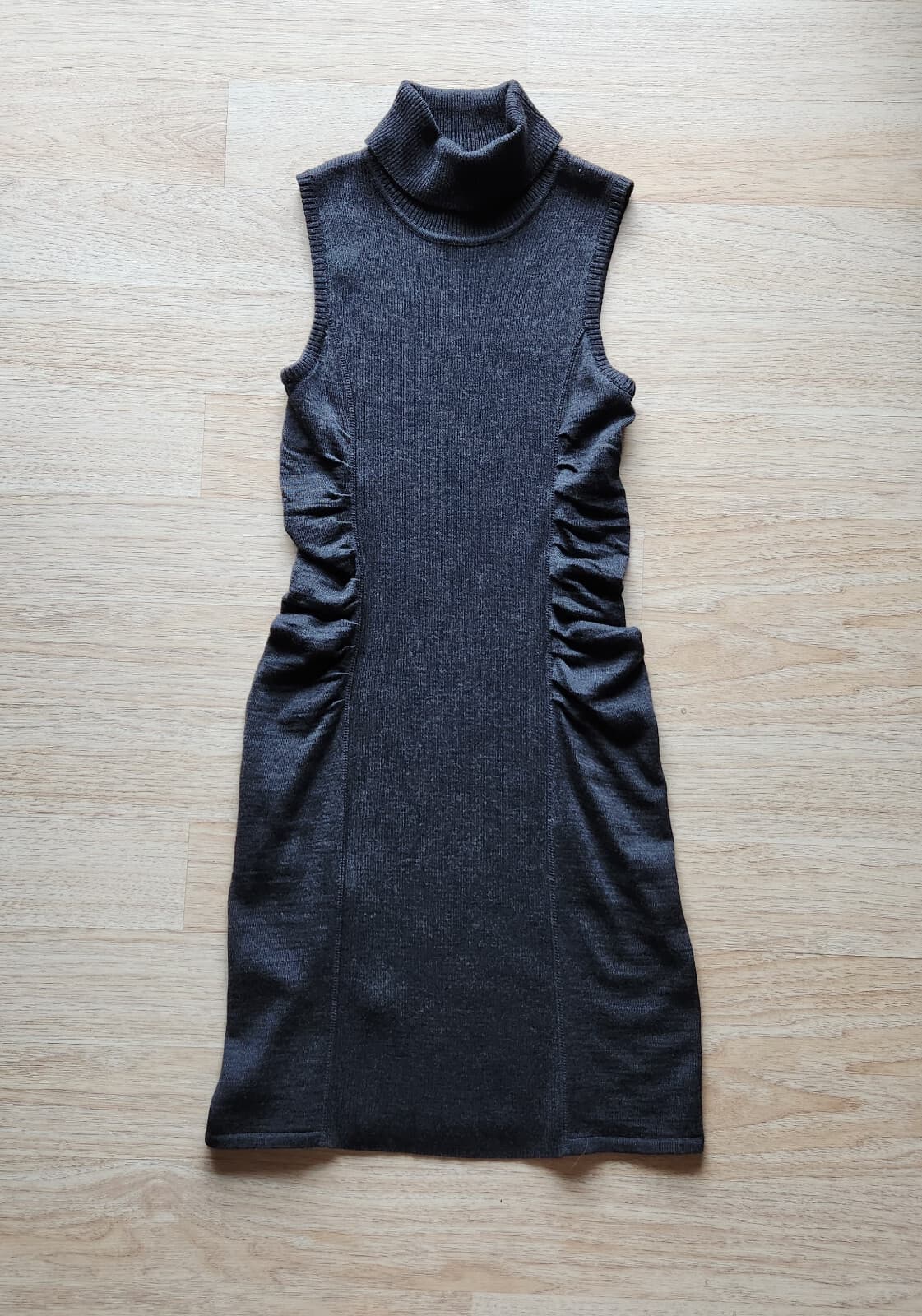 Calvin Klein Wool Blend Ruched Bodycon Dress Sleeveless Turtle Neck Black Sz.M