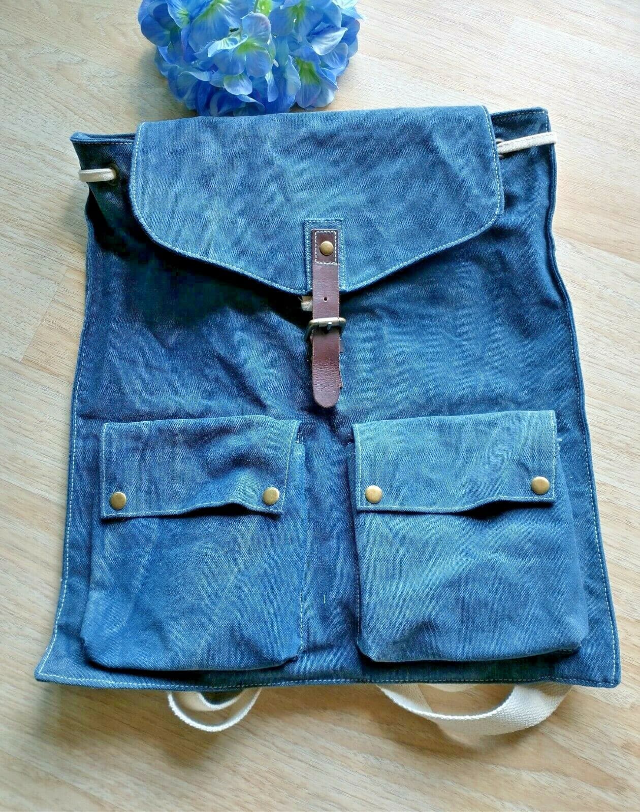 NWT Cargoit Cotton Canvas Backpack Bag Pockets Blue Buckle Snap Size Large