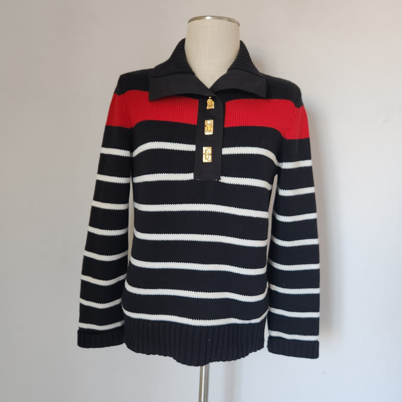 Lauren Ralph Lauren Gold Turn-Lock Pullover Sweater Multicolor Stripe Cotton M