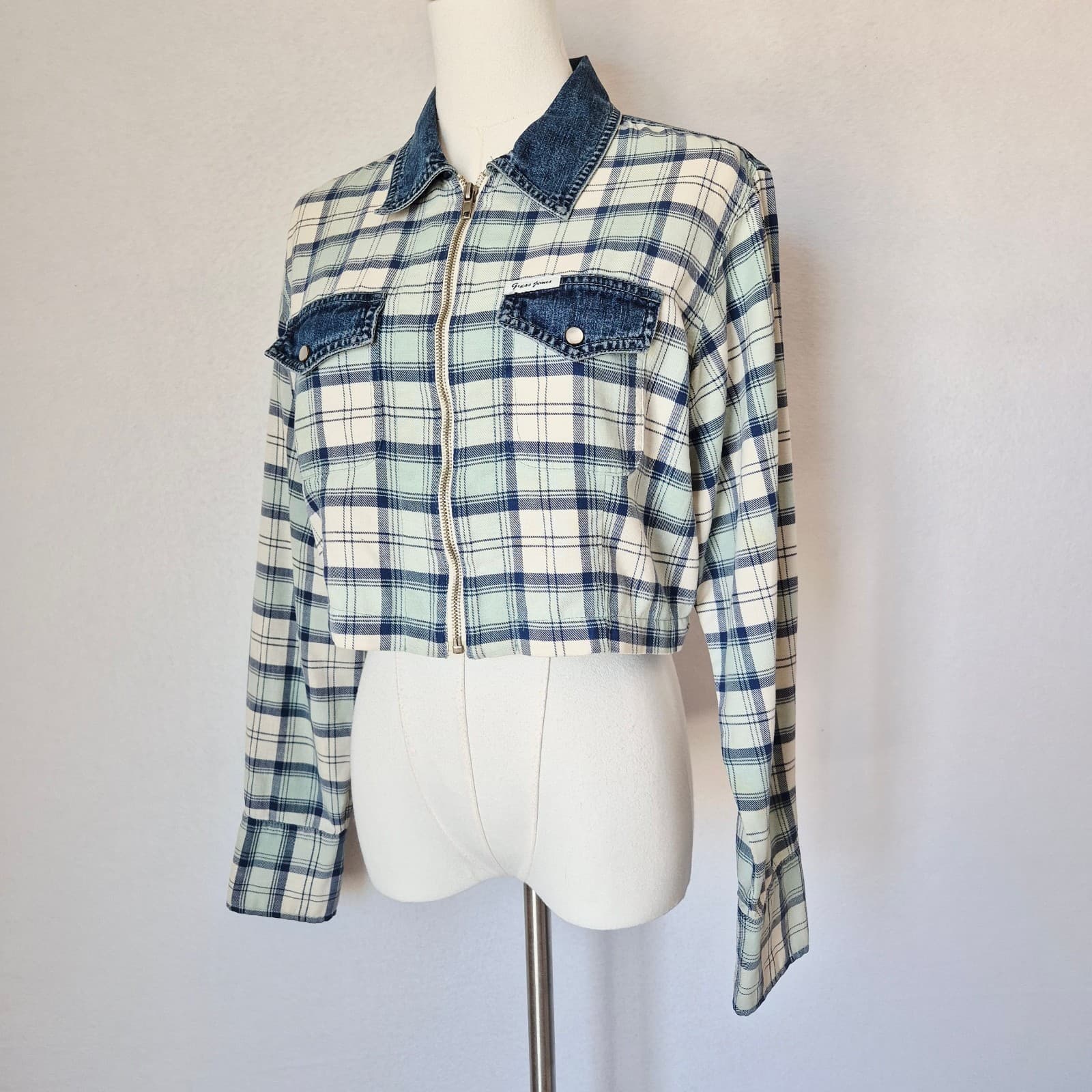 Vintage Guess Made In USA Denim Plaid Western Cropped Jacket Zip-Up Pocket Sz.L
