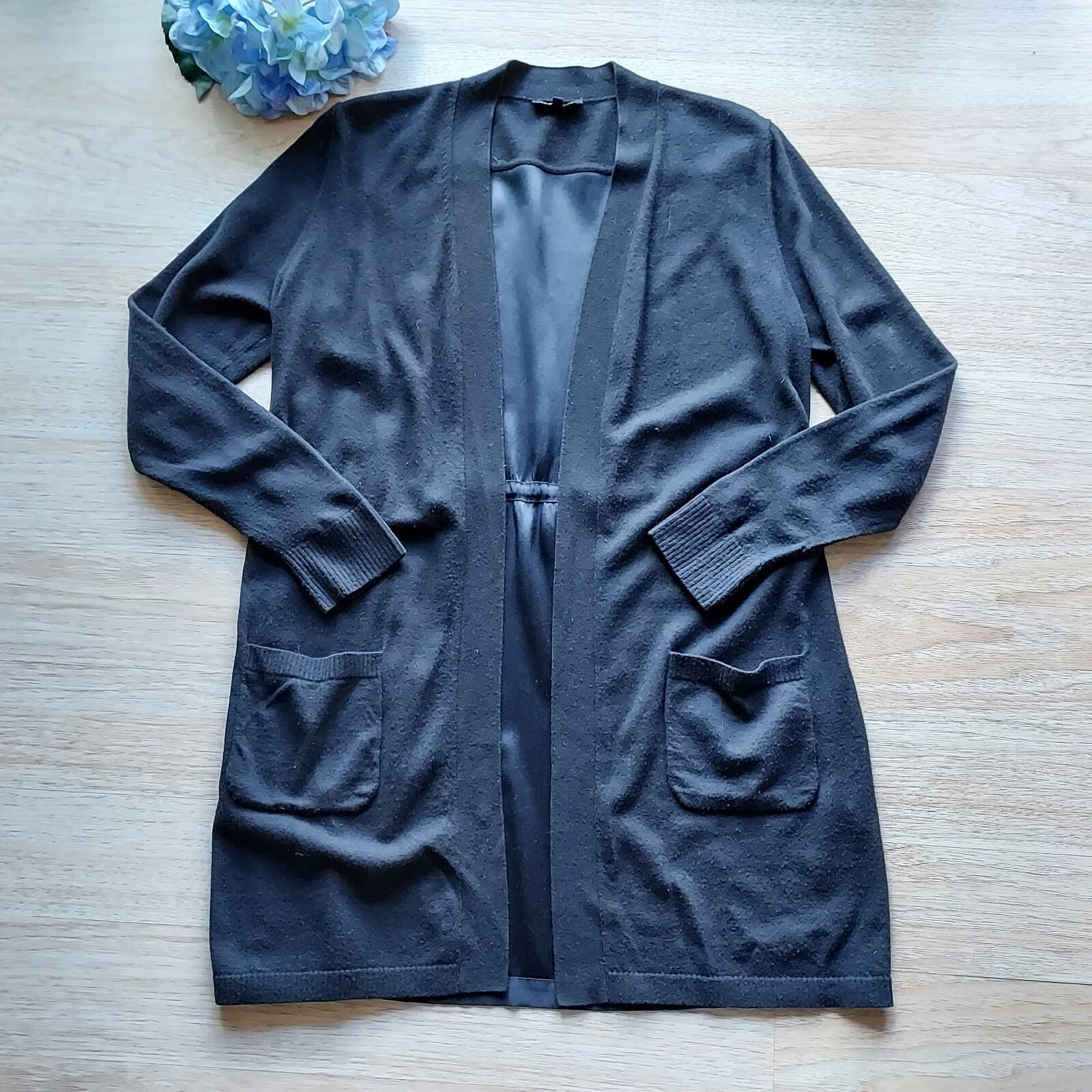 LAFAYETTE 148 NY Open Cardigan Front-Wool-Knit Back-Silk-Satin Black Women Sz.M