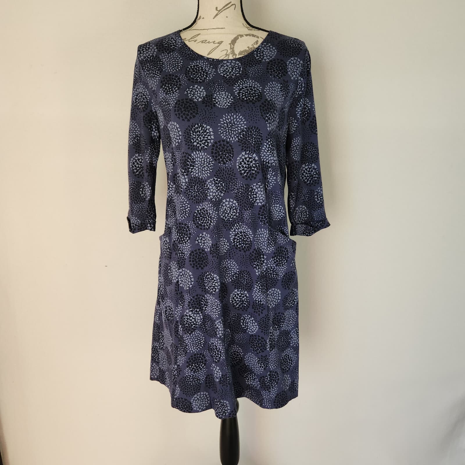 WoolOvers Mini Tunic Dress Pocket 3/4 Sleeve Geo-Printed Cotton Modal Blue Sz.M