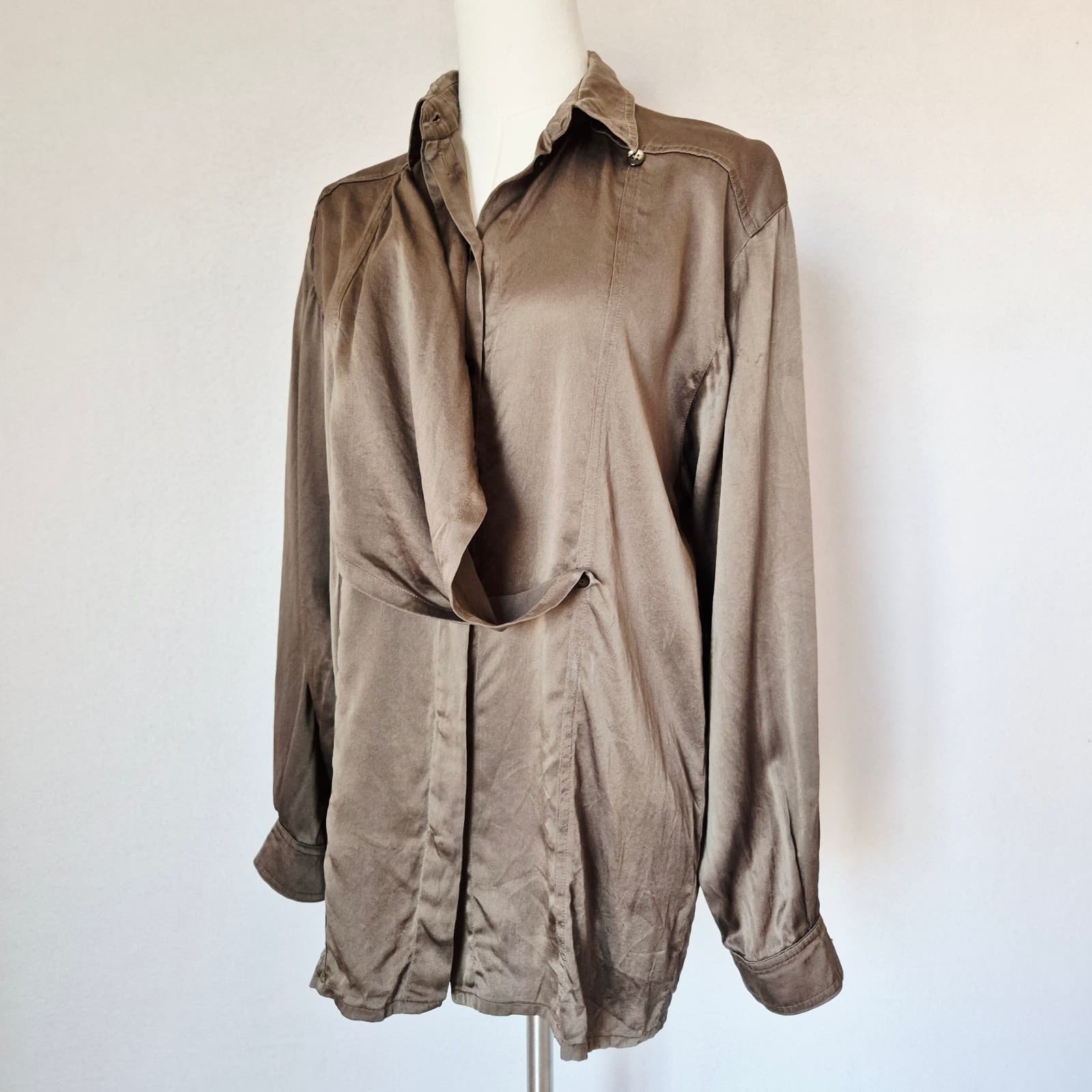 Vintage Escada by Margaretha Ley Olive Green Silk Satin Drape Front Blouse Sz.38