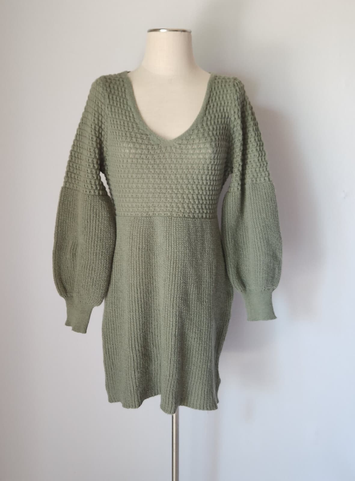 NWT Cupshe Honeycomb Knit Beach Mini Sweater-Dress Puff Long Sleeve Green Sz.M