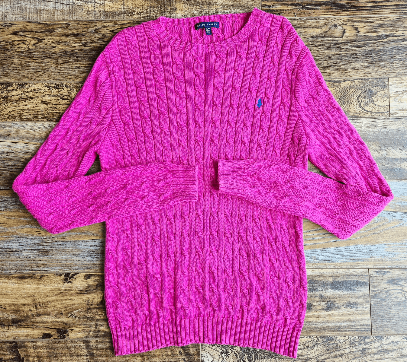 Vintage Y2K Ralph Lauren Pony Cotton Cable Knit Crew-Neck Sweater Pink Womens XL