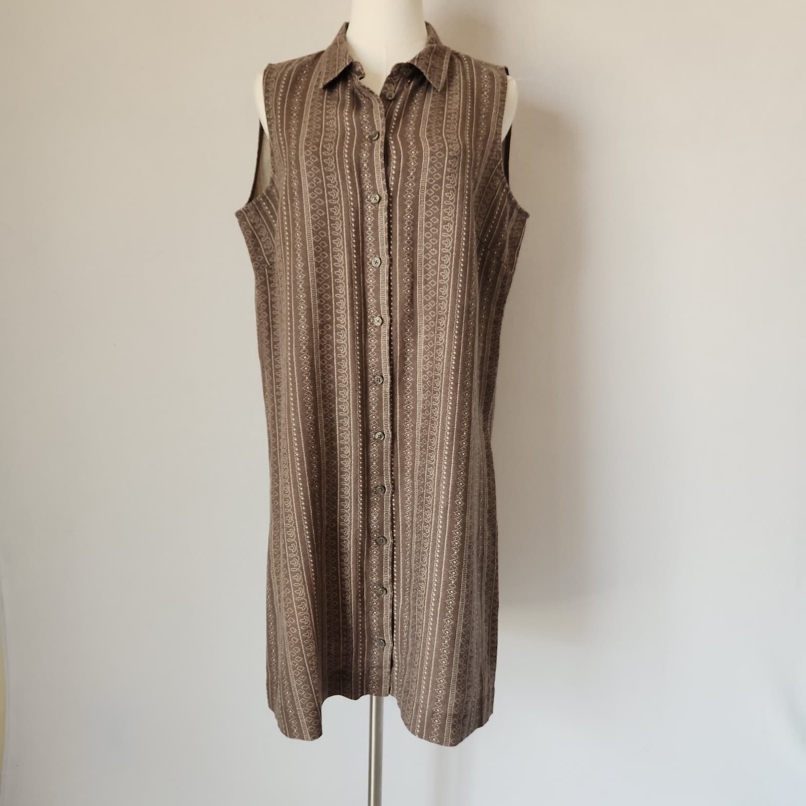 Garnet Hill Linen Shirt Dress Button-Down Sleeveless Geo-Printed Brown Womens 12