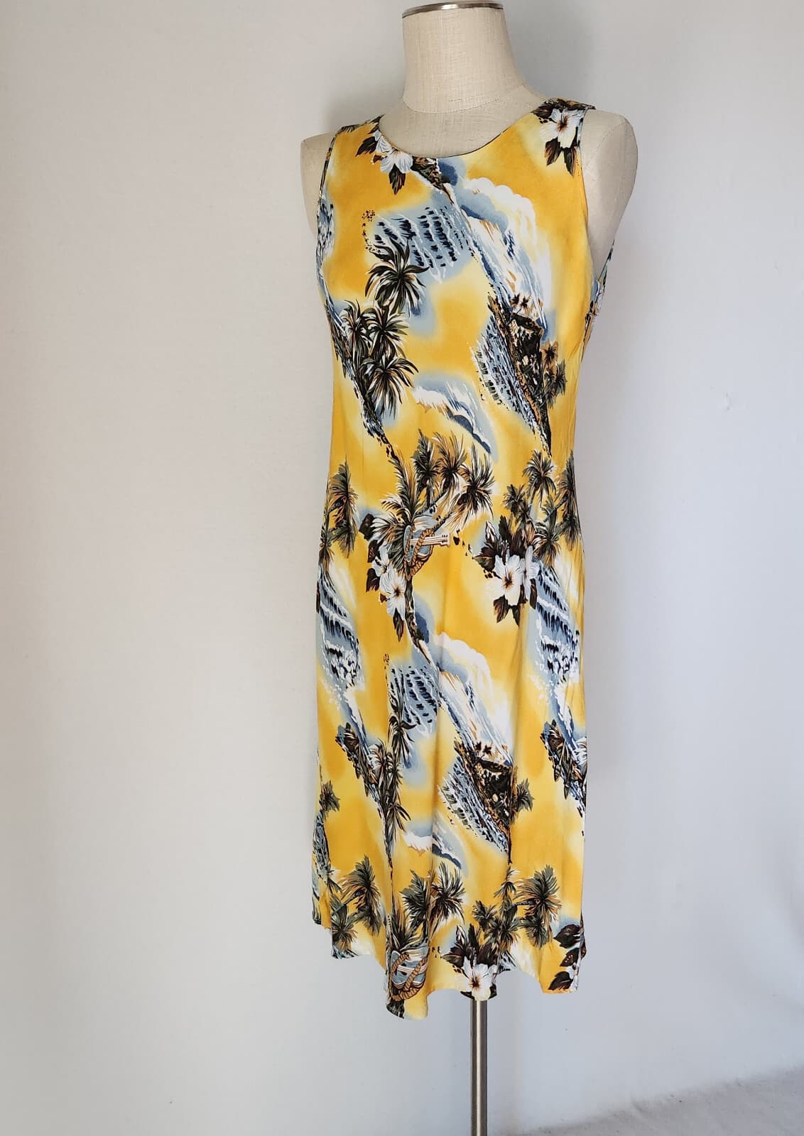 Vintage Hilo Hattie Hawaii Beach Palm-Tree Shift Dress Sleeveless Yellow Sz.M