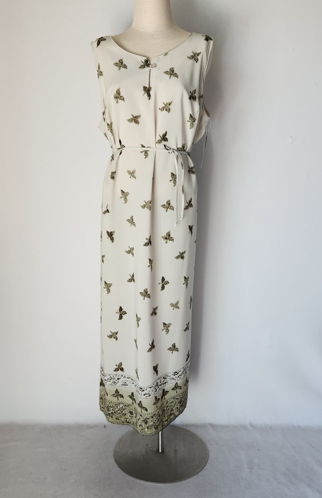NWT Spago Leaf Printed Maxi Dress Tie-Waist Sleeveless Green Chiffon Sz.24