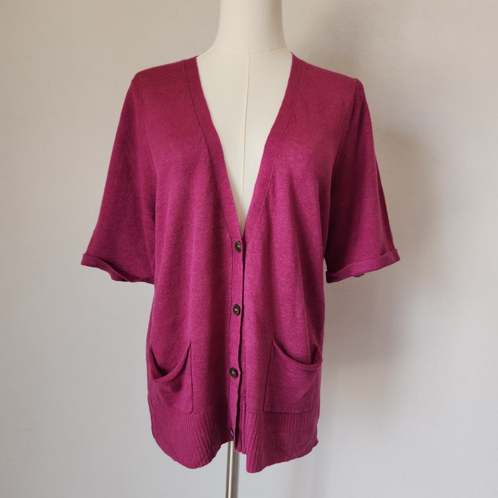 EILEEN FISHER Italian Linen Silk Knit Button-Front Top Short Sleeve Purple Sz.L