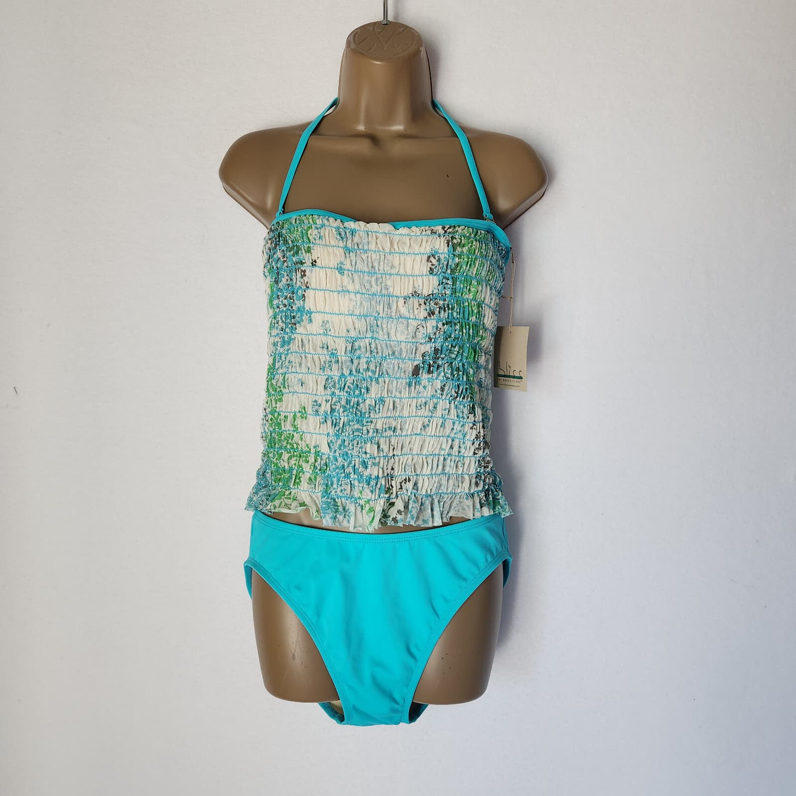 NWT Pure Bliss by Beach Scene 2 Piece Swimsuit Mesh-Smocked Floral Blue Sz.12
