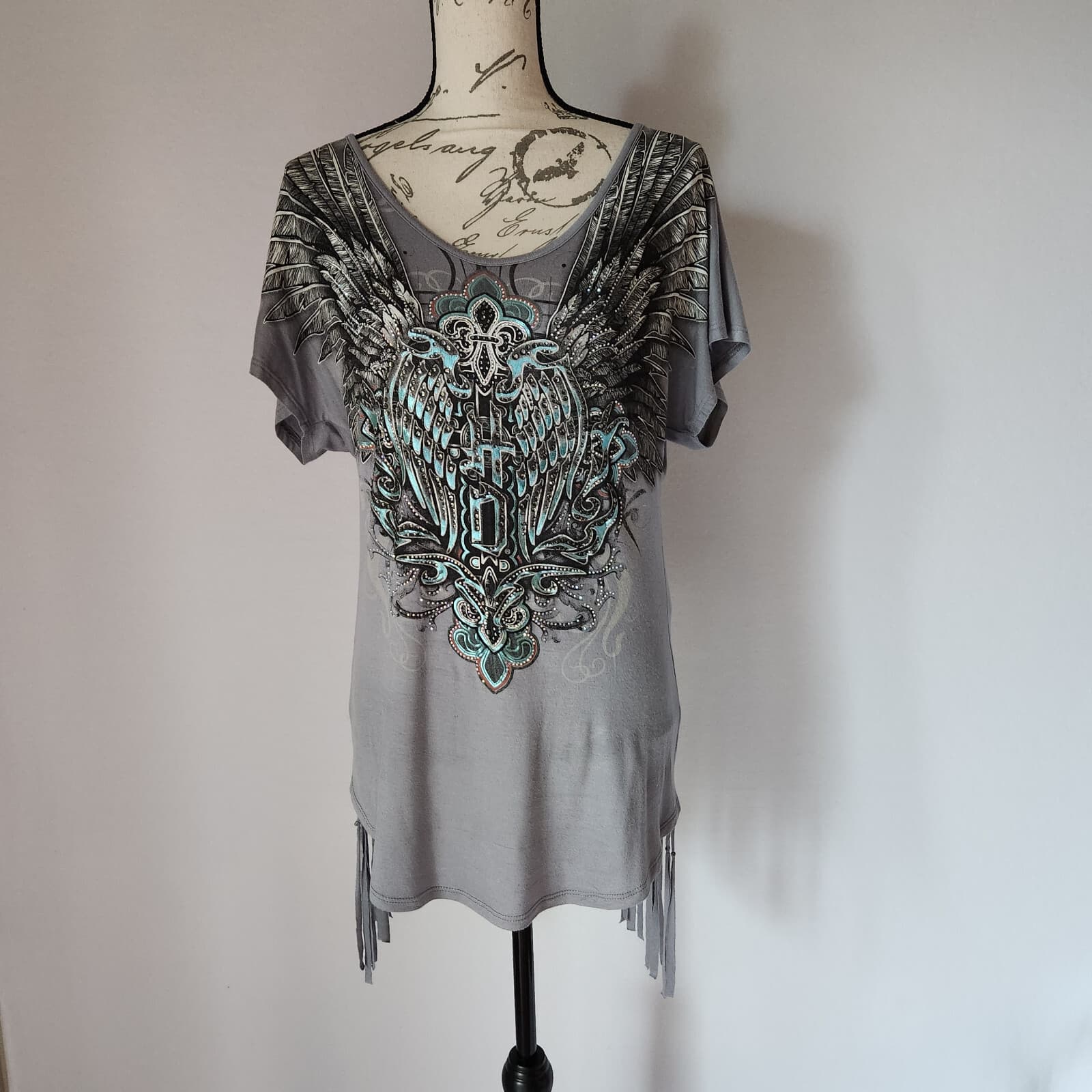 Harley-Davidson Fluer De Lis Crystal Embellished Fringe Tee-Shirt Grey Women L