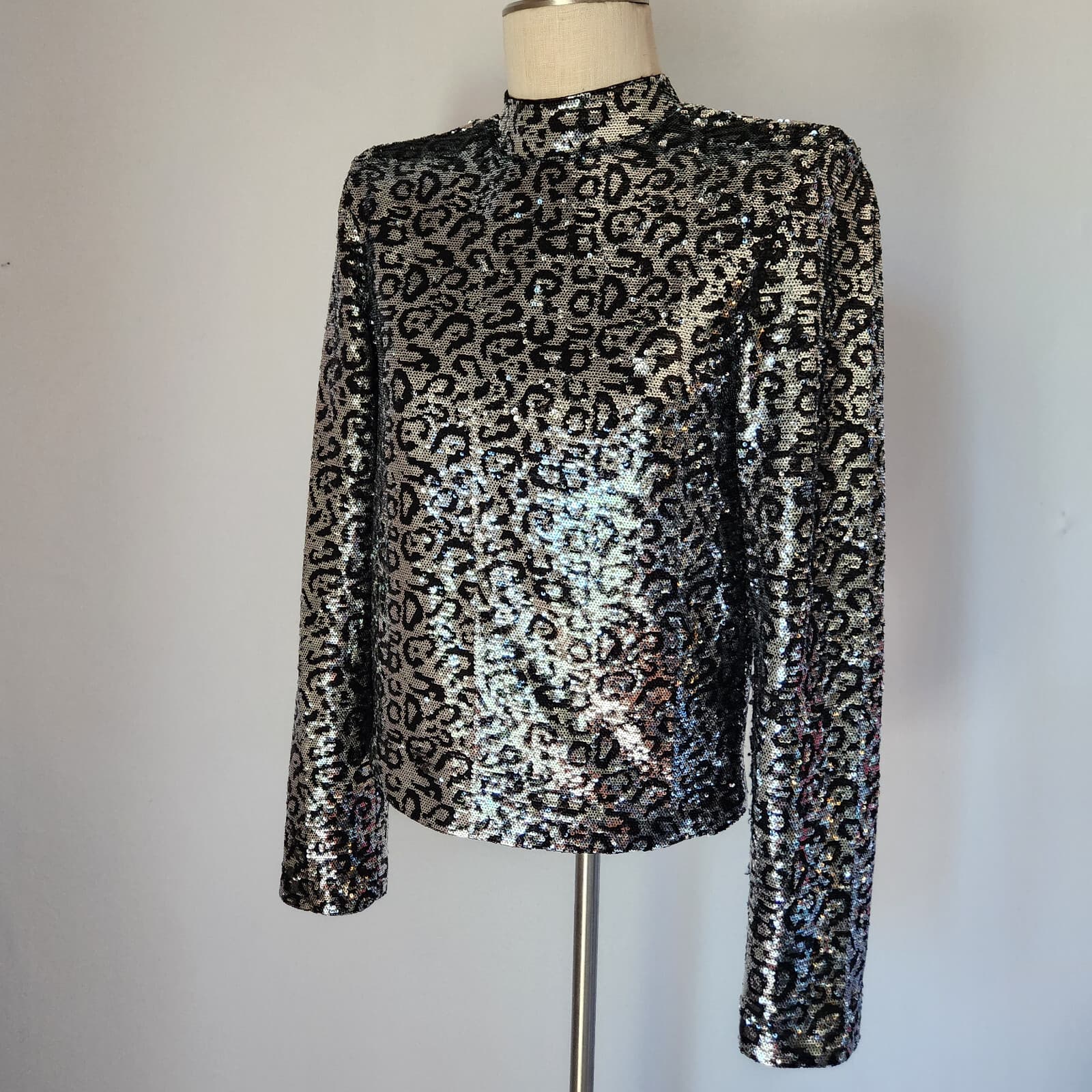 RtA $325 Freddie Sequin Silver Leopard Cocktail Party Top Mock Neck Slit-Back S
