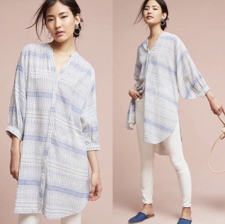 Anthropologie Maeve Yarn Dyed Lena Tunic Top 3/4 Sleeve Blue White Oversize XS