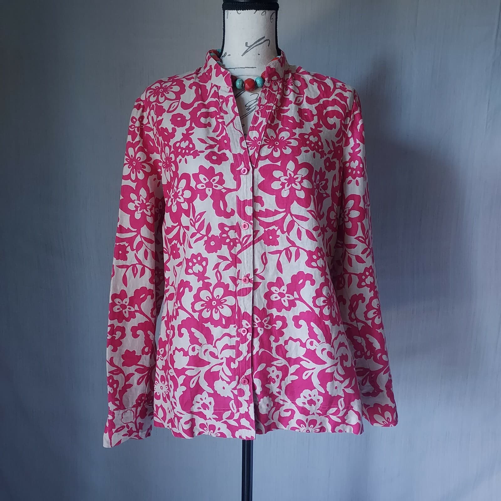 Charter Club 100%Linen Floral Tunic Top Button V-Neck Long Sleeve Pink Tan Sz.14
