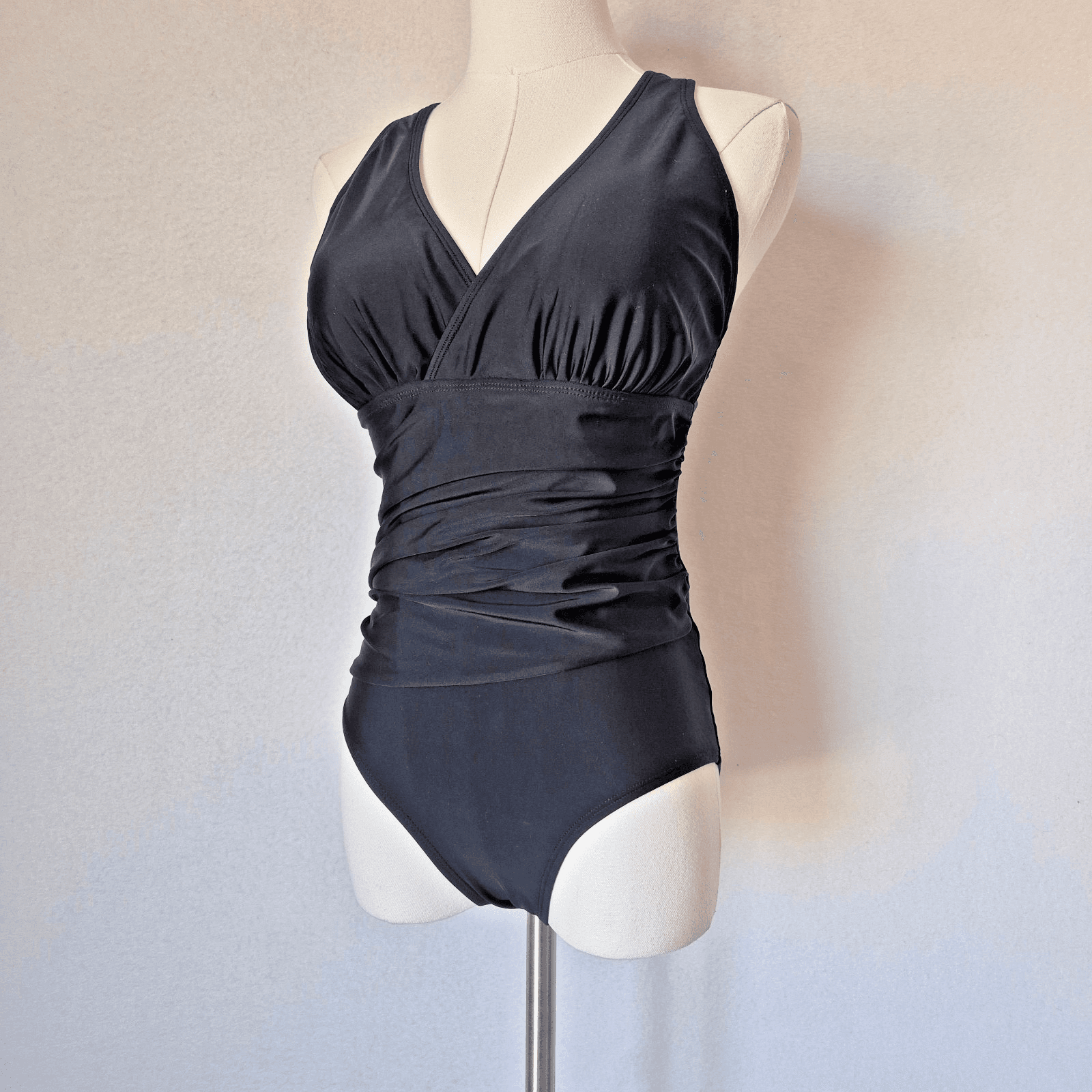 NWoT Eddie Bauer One Piece Swimsuit Ruched-Waist Shaping Cross-Back Black Sz.S