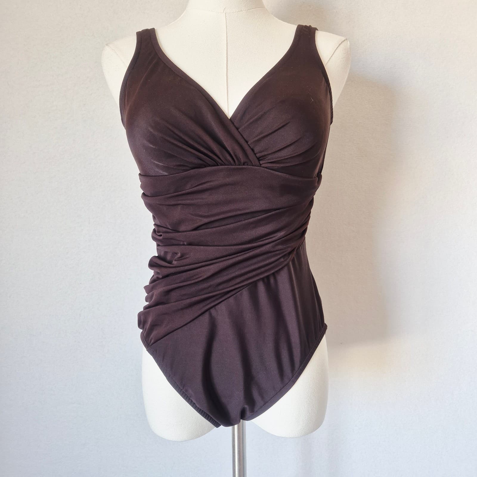 Trimshaper One Piece Surplice Swimsuit Ruched Tummy Control Underwire Brown US10