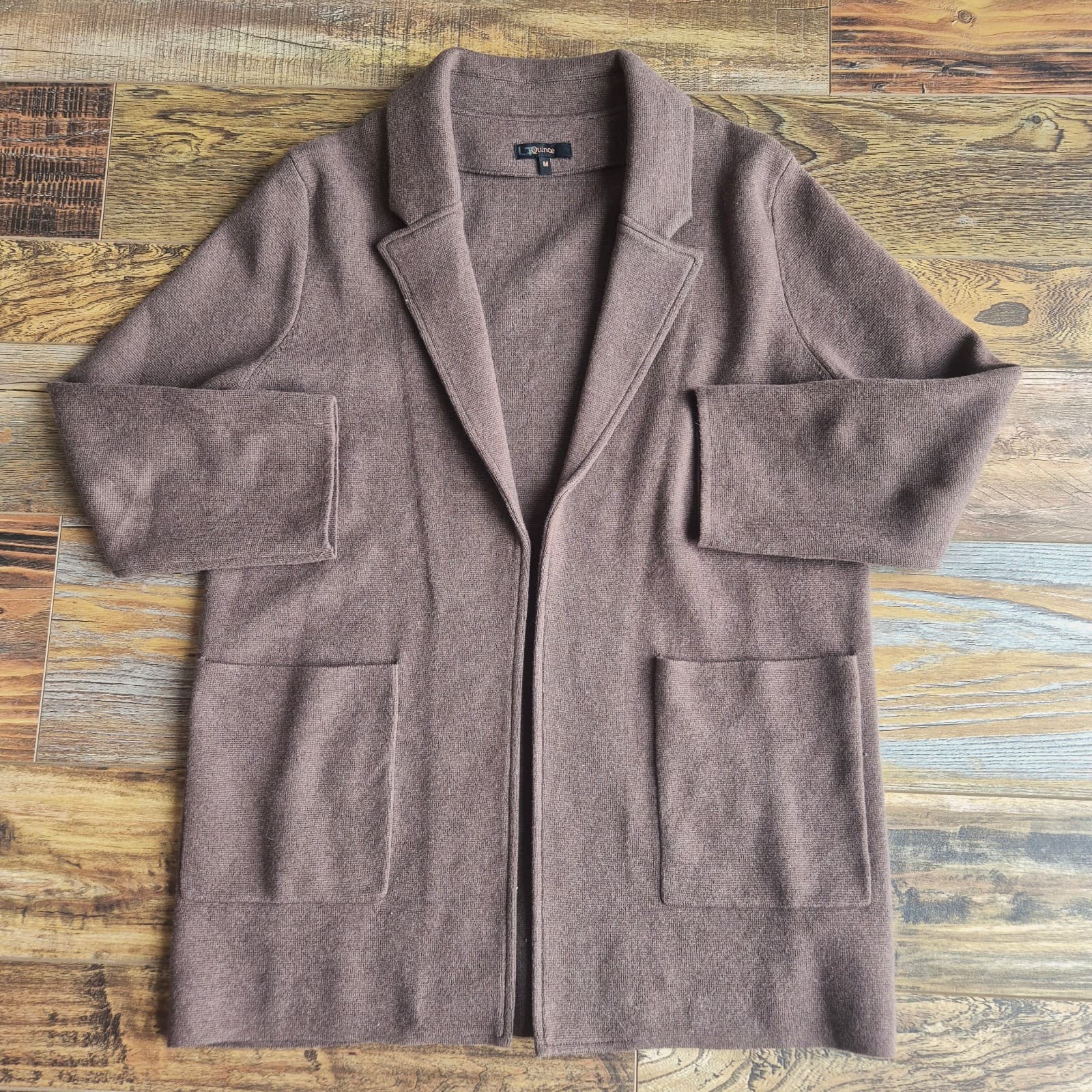 Quince 100% Organic Cotton Knit Blazer Open-Front Pocket Heather Brown Women's M
