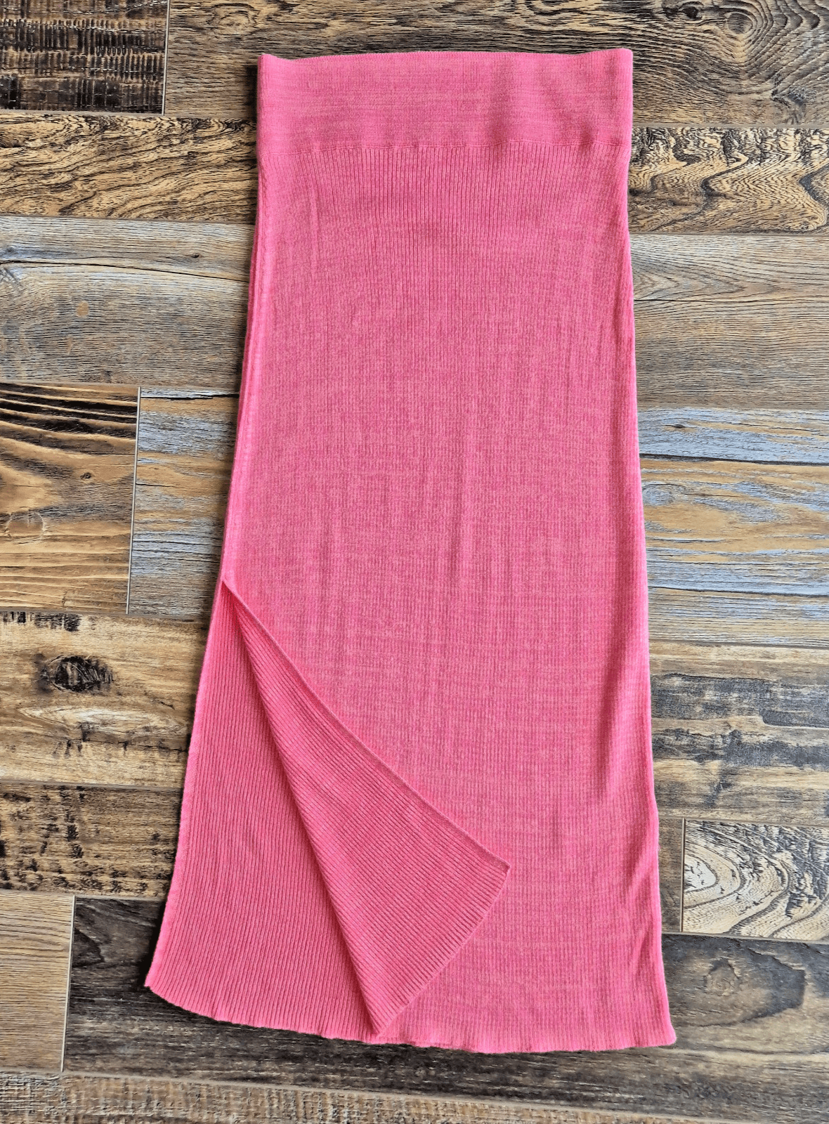 Free People Golden Hour Ribbed Knit Midi Skirt Side-Slit Pull-On Camelia Sz.XS