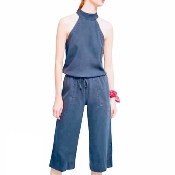 Cloth & Stone Bella Dahl Denim Wide Leg Jumpsuit Pocket Raw Hem Halter Neck Sz.M