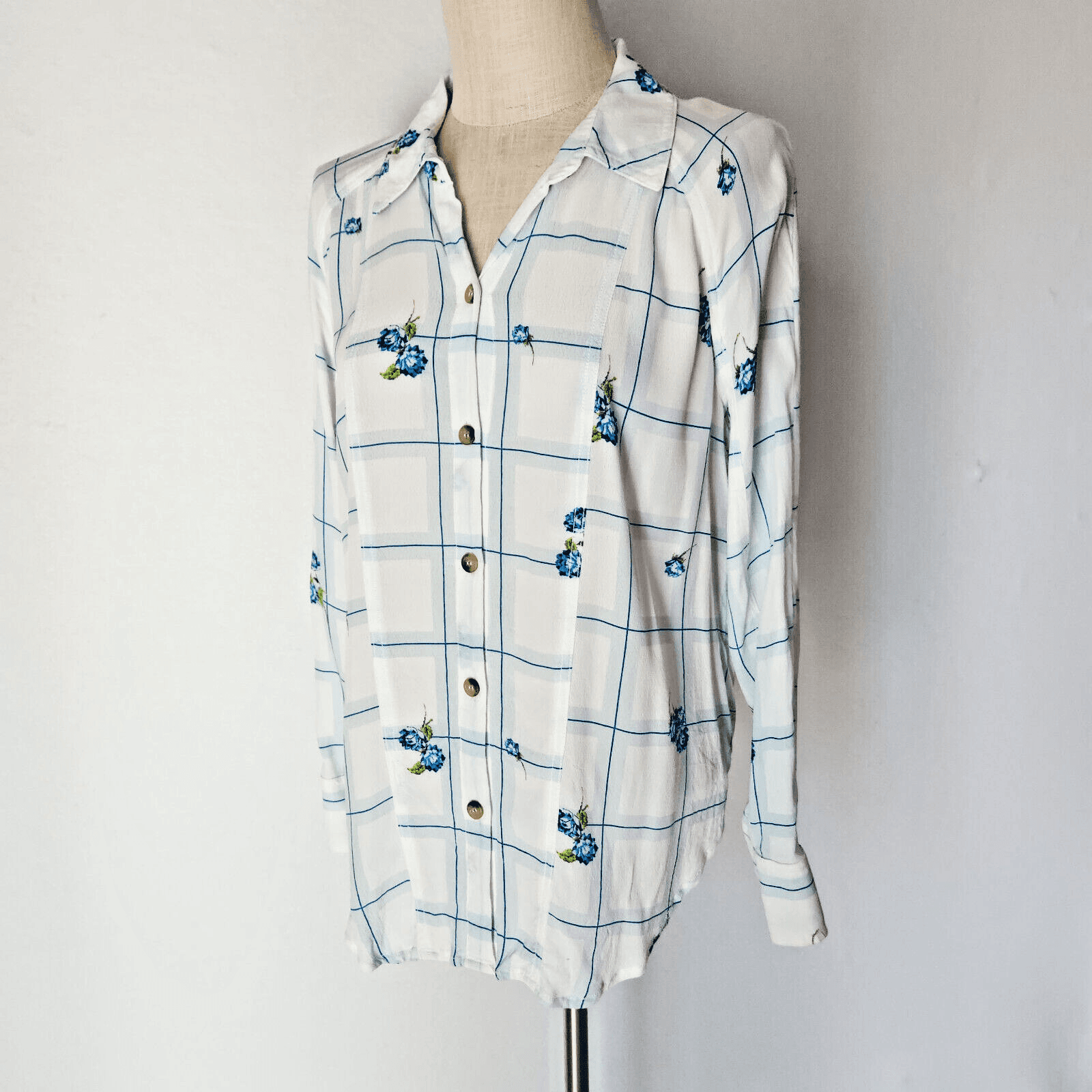 Free People Window to My Heart Floral Check Button-Up Shirt Long Sleeve White M