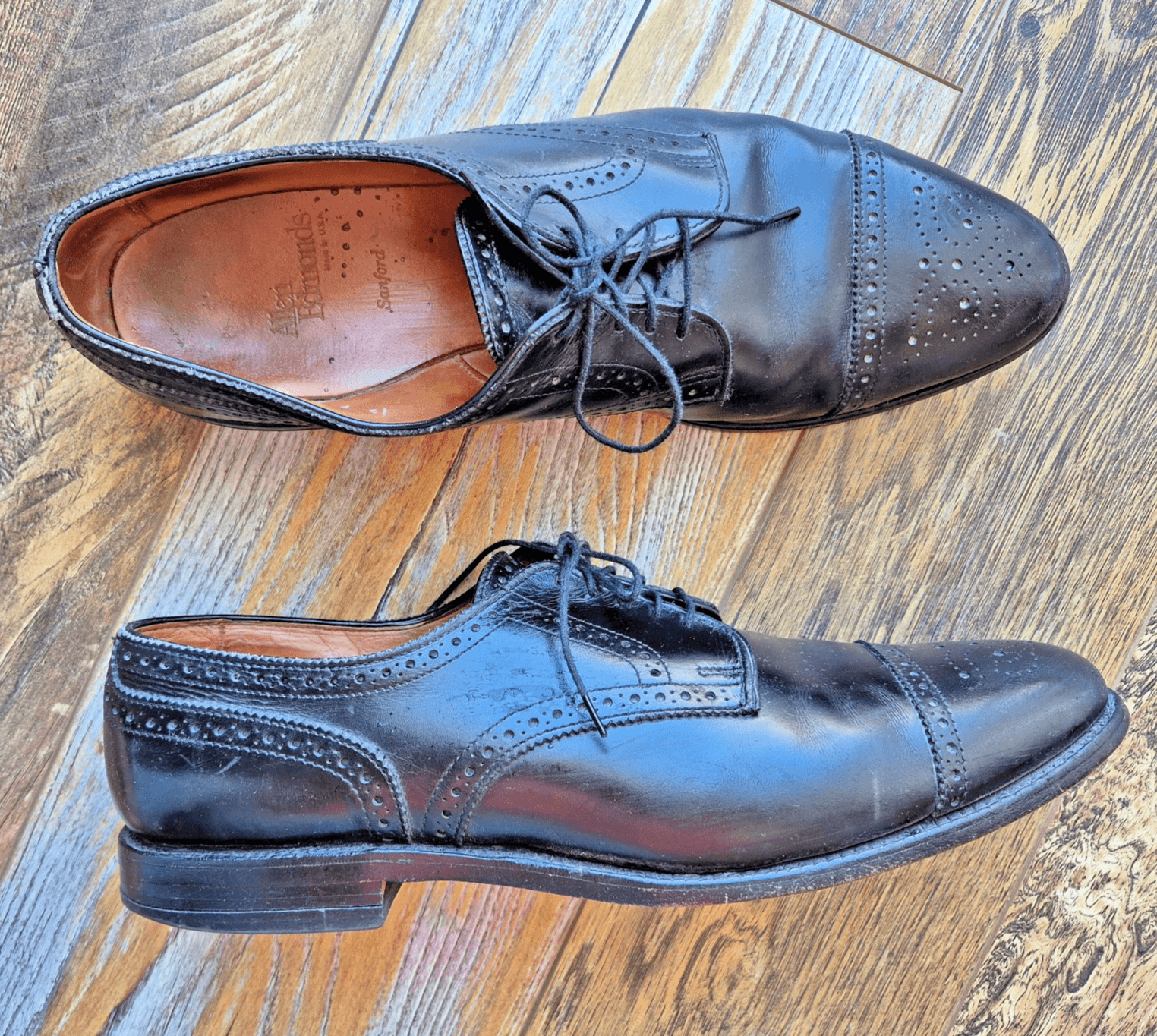 Allen Edmonds Sanford Men's US12 Black Leather Cap-Toe Derby Dress Shoes Lace-Up