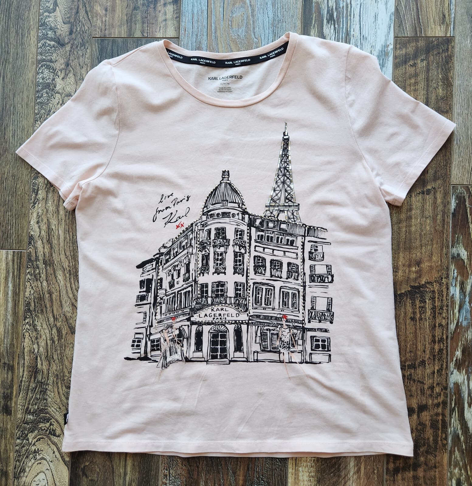 Karl Lagerfeld Paris City Scene Bead T-Shirt Short Sleeve Light Orange Women's M