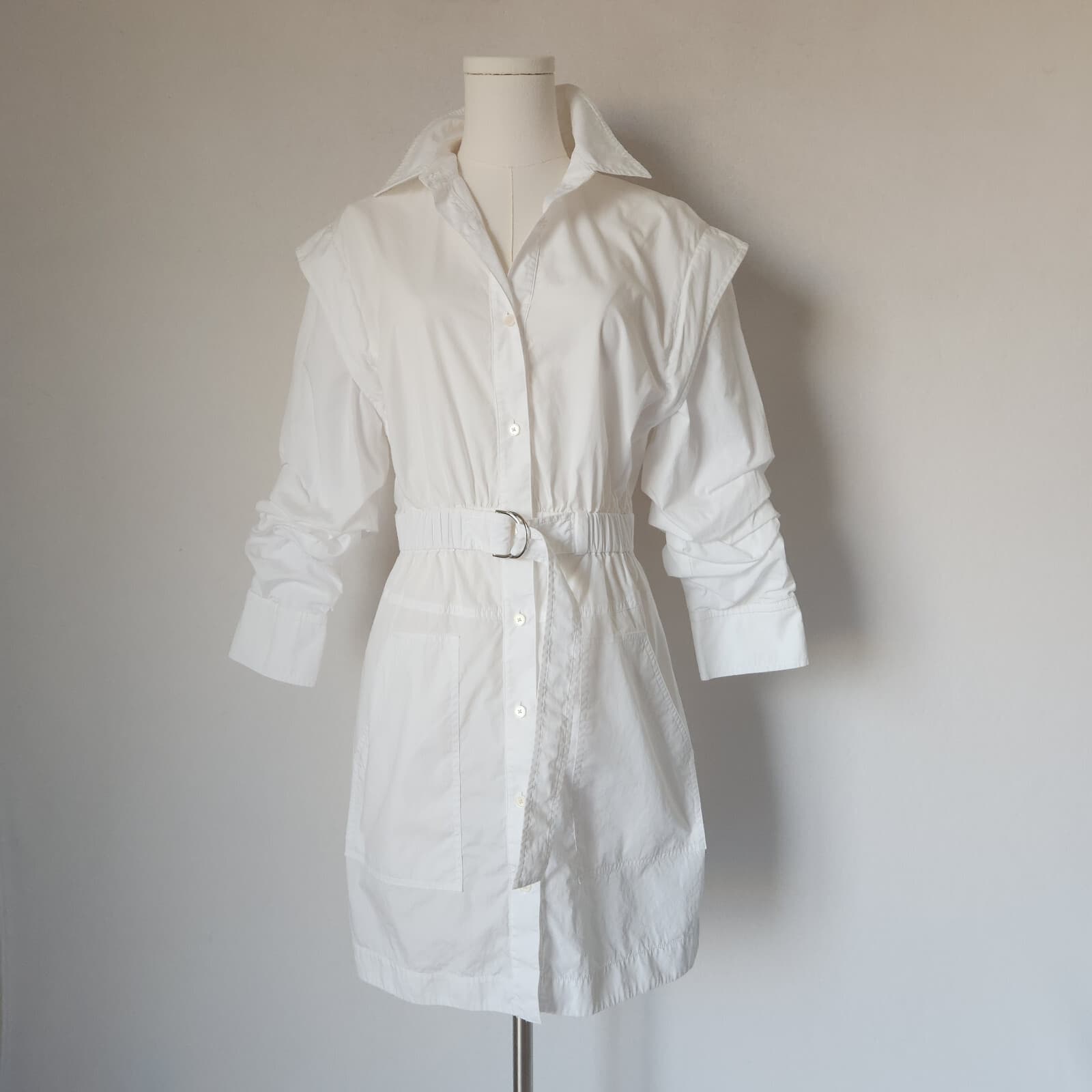 Derek Lam 10 Crosby Hadley Ruched Cotton Poplin Mini Shirt Dress Belted White 6