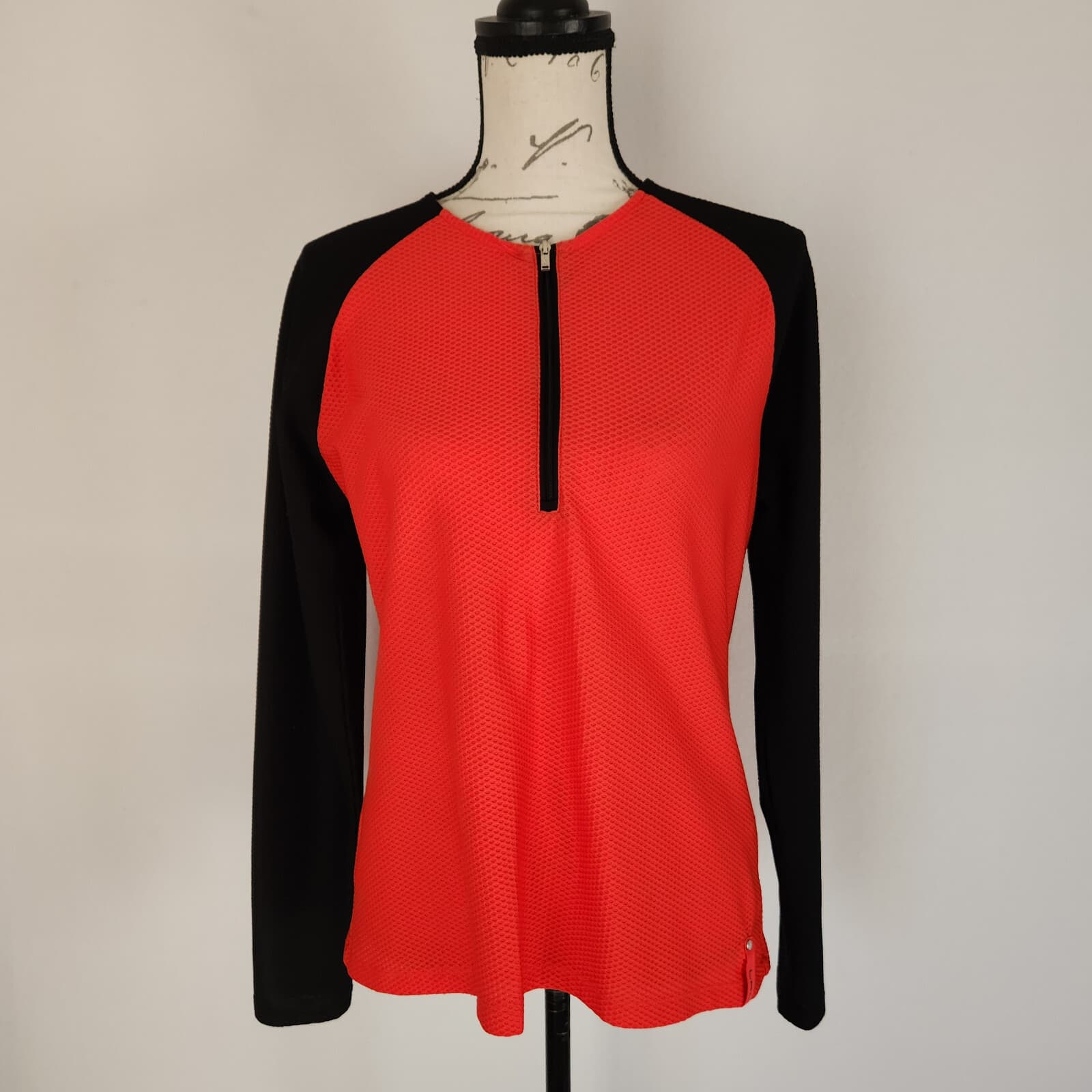 Lauren Ralph Lauren Quarter Zip Waffle Knit Activewear Top Red Black Women's L