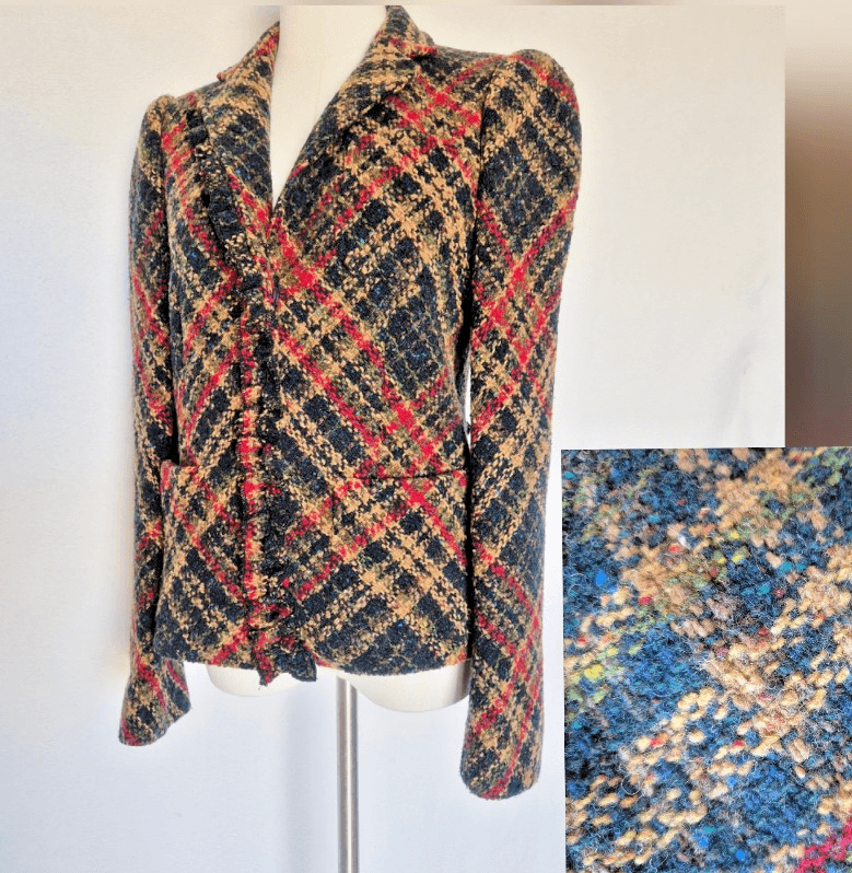 DKNY Wool Blend Tartan Tweed Boucle Jacket Blazer Ruffle Snap Multicolor Size 4