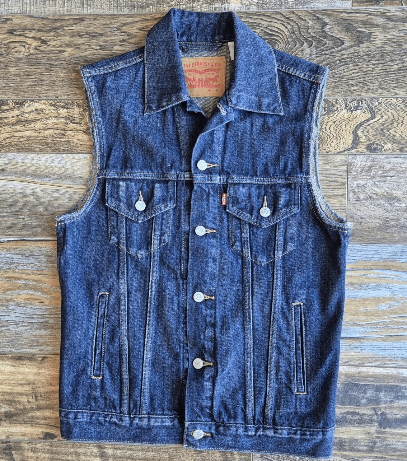 Levi's Blue Denim Trucker Vest Jacket Metal-Button Point Collar Pocket Men's S