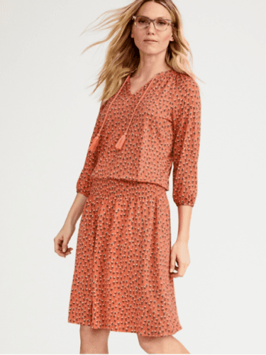 NWoT Garnet Hill Floral Smocked Waist Mini Dress Tassel 3/4 Sleeve Orange Sz.S
