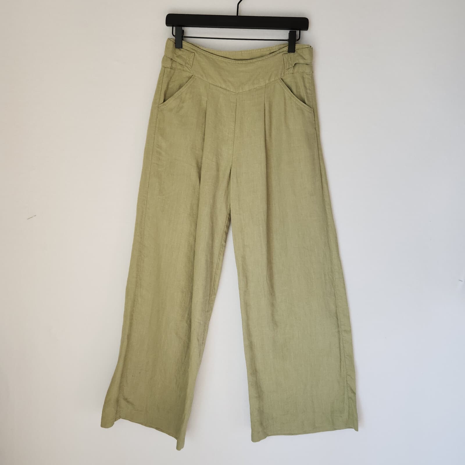 Soft Surroundings 100% Linen Frot Pleat Wide Leg Pants Pocket Zip Green XS-Tall