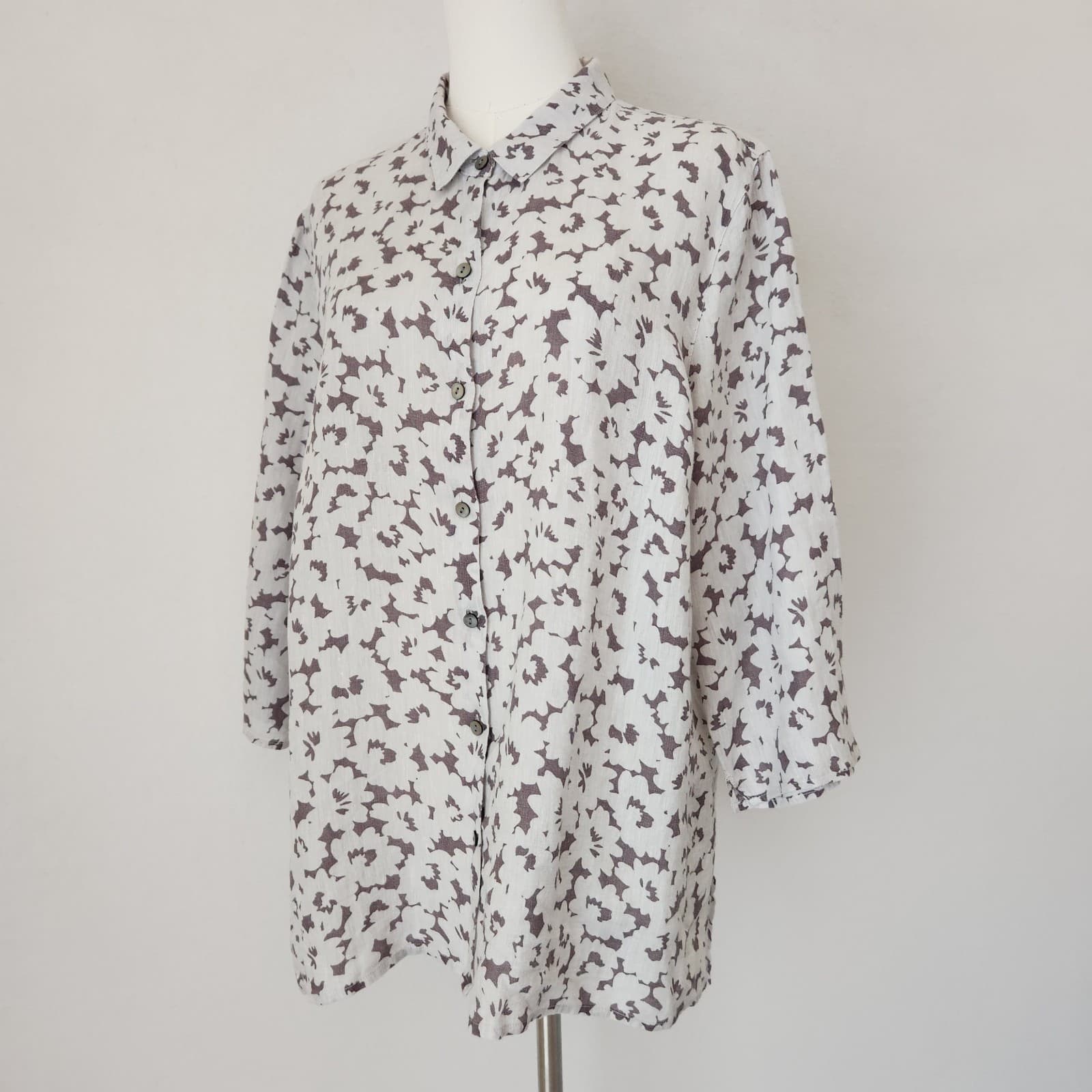 J.Jill Love Linen Essential Shirt Button-Up Tunic Granite Daisy Shadow Sz.XLP