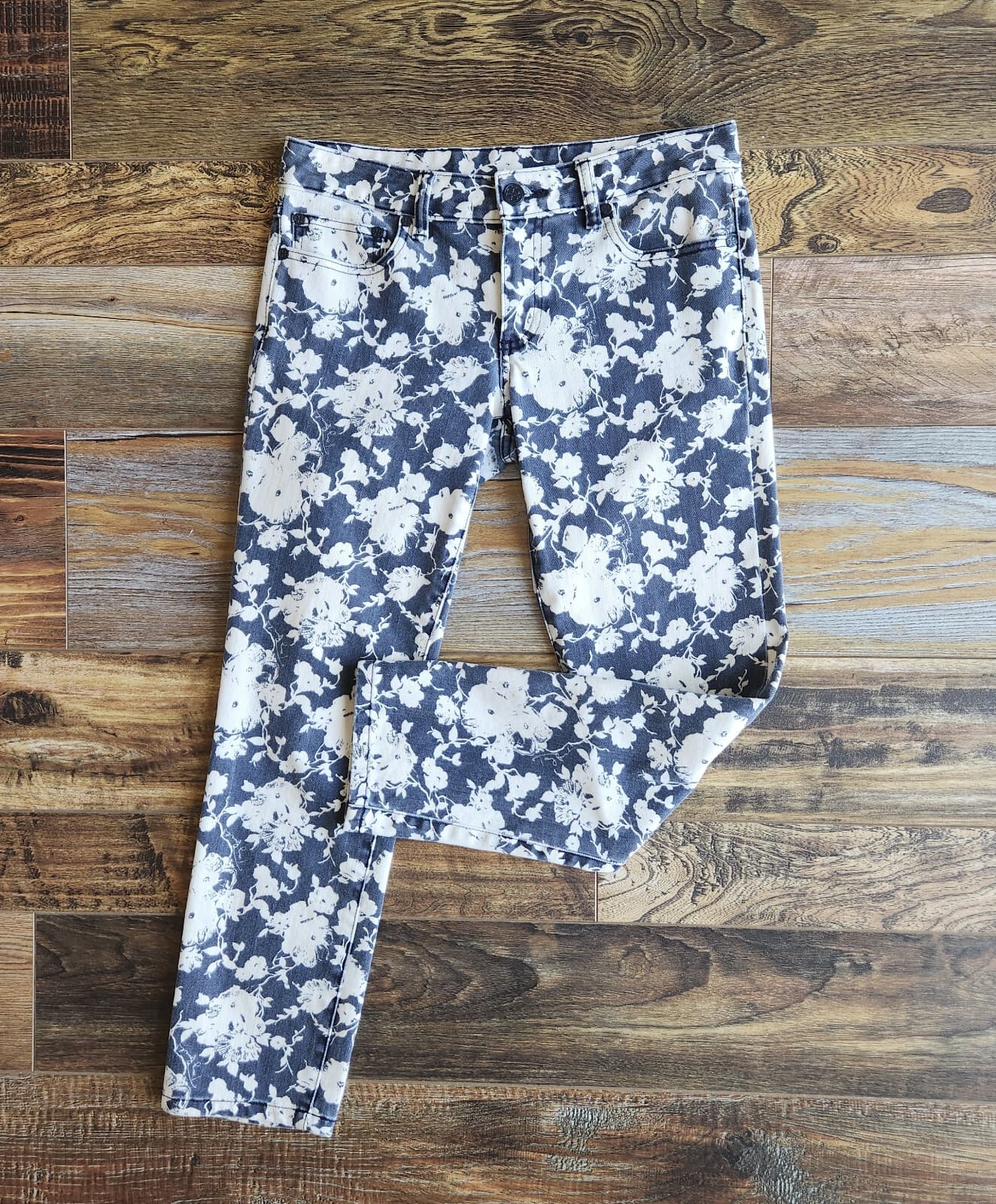 Tory Burch Alexa Floral Cropped Skinny Jeans Zip Stretch Beige Blue Women's 27