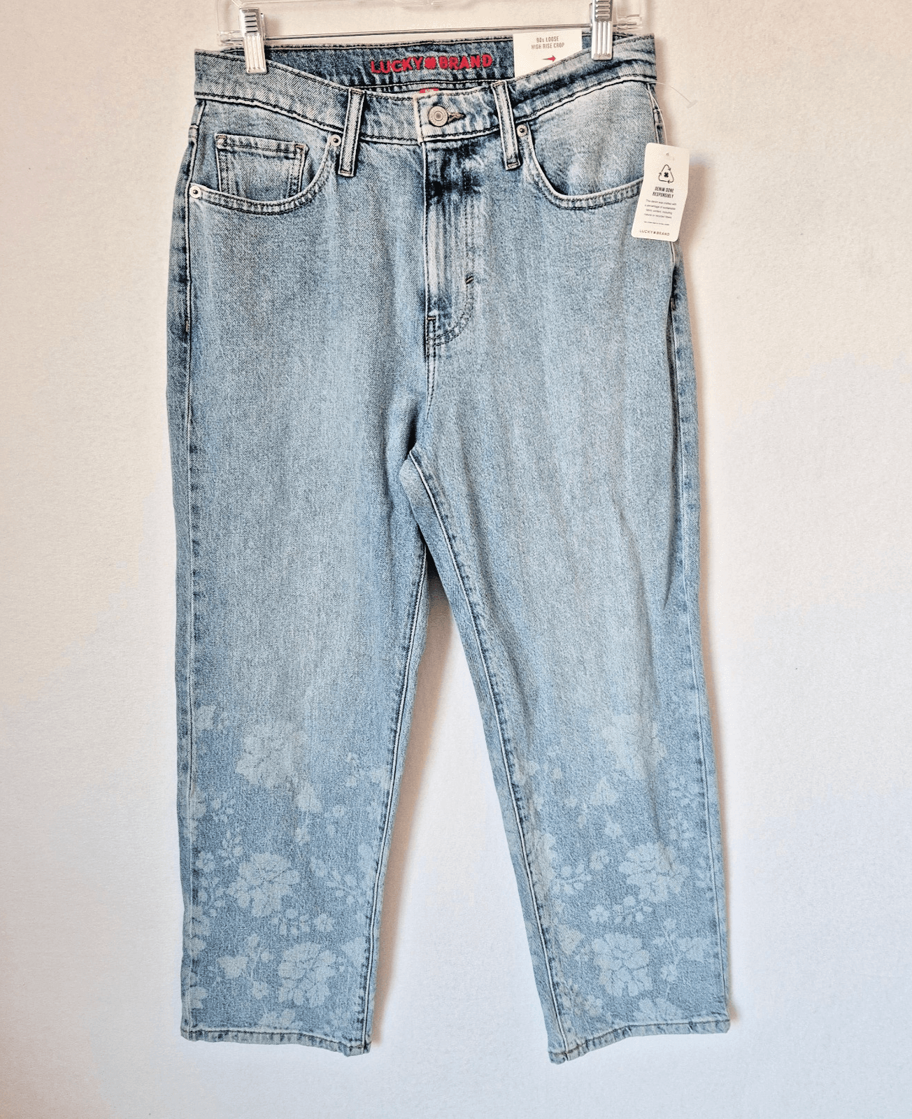 NWT Lucky Brand Floral Printed 90s Loose High Rise Crop Jeans Light-Blue Sz.6/28
