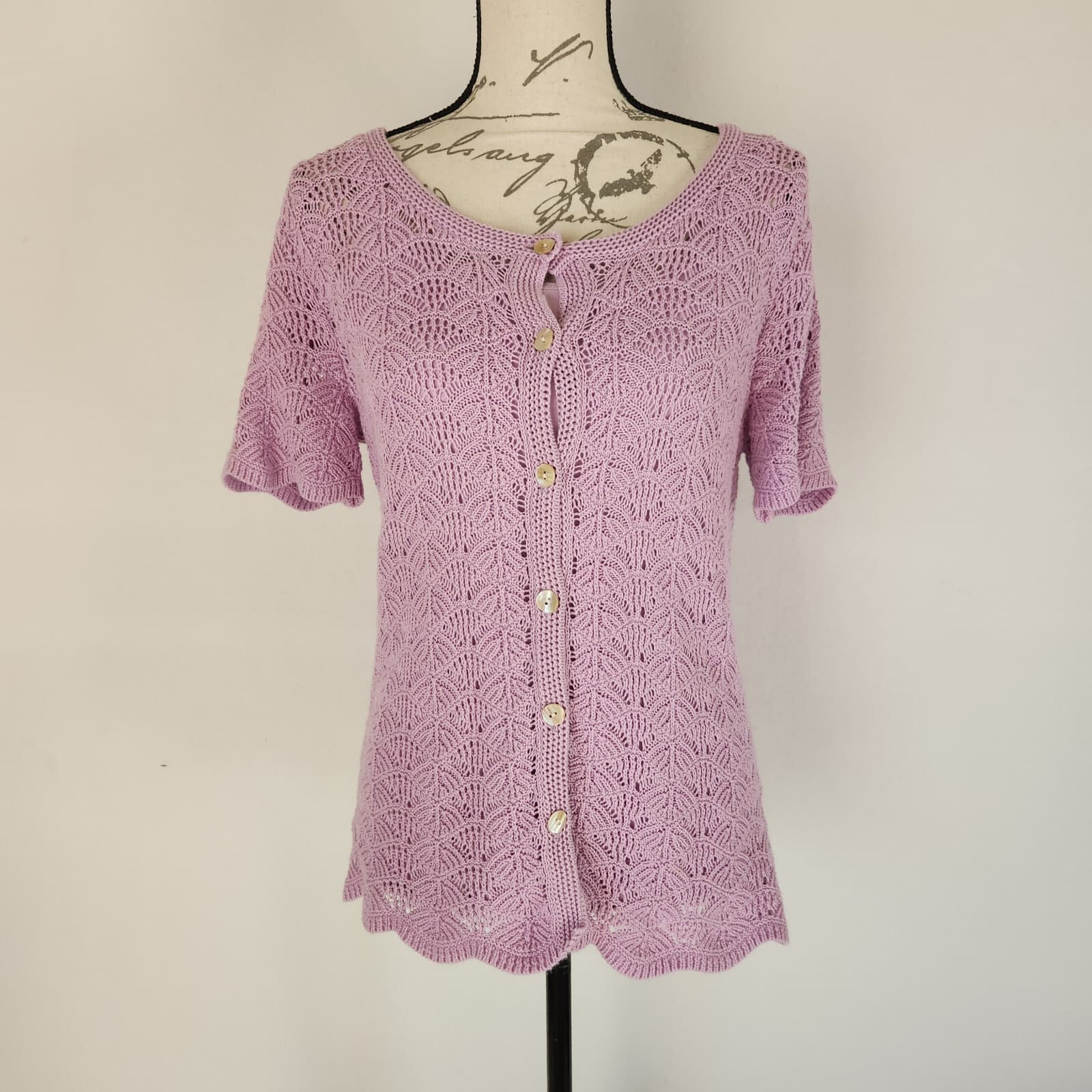 Vintage J.Jill 2Pc Crochet Top+Cami Mother Pearl Button Short Sleeve Purple Sz.M
