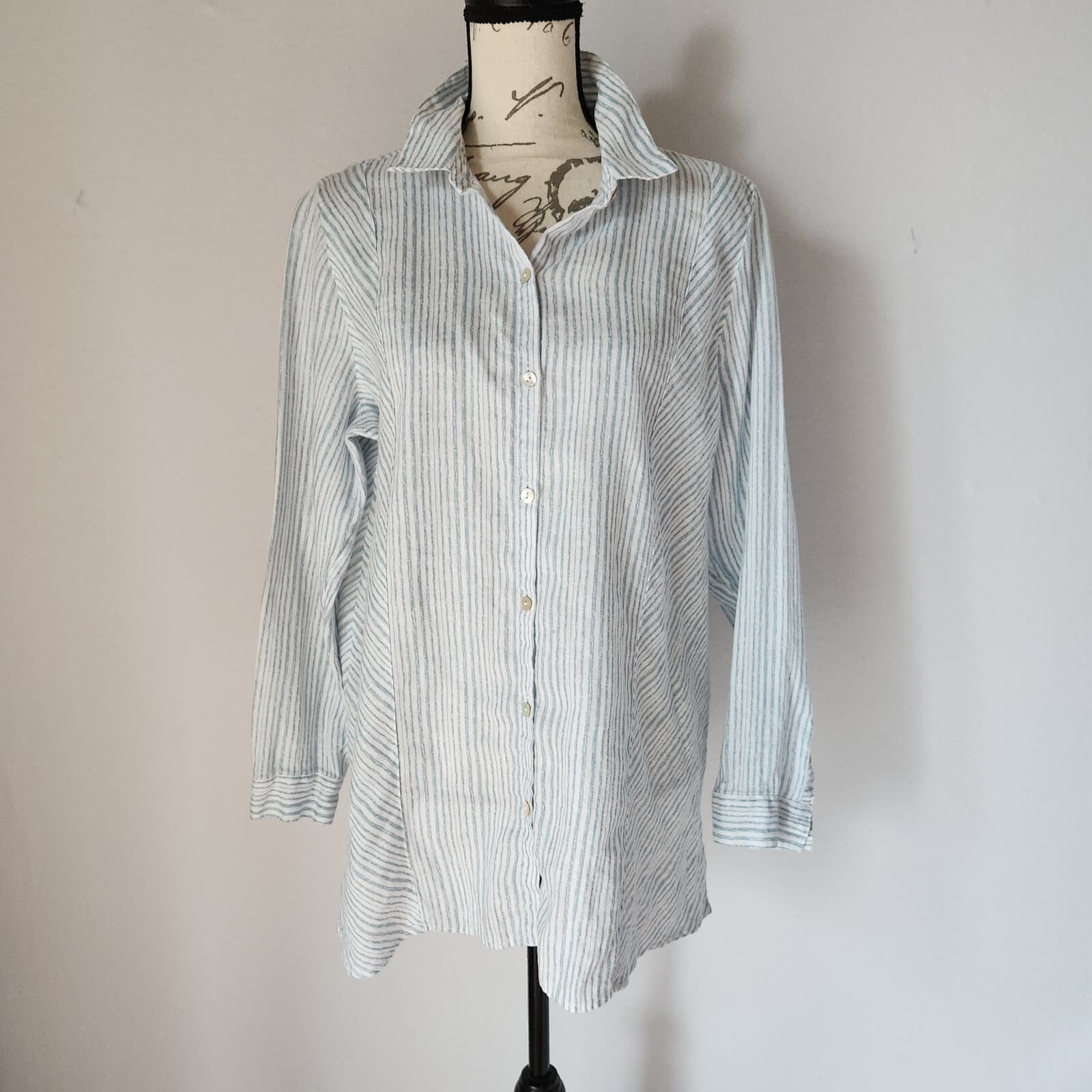 J.Jill Love Linen Stripe Pearl Button-Up Tunic Shirt Long Sleeve Blue White Sz.L