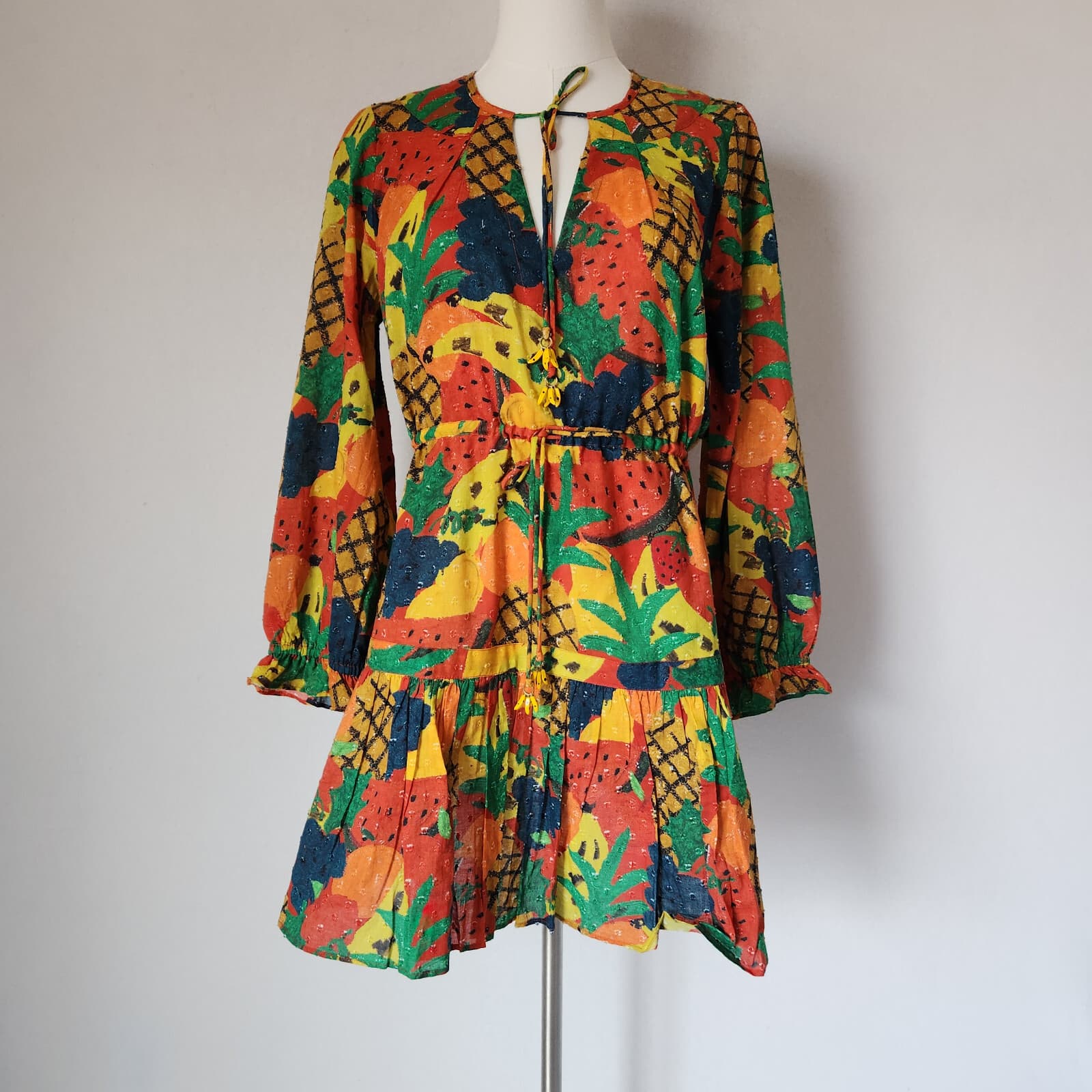 NEW Farm Rio $160 Fruit Salad Boho Mini Dress Tassel Long Sleeve Multicolor XS