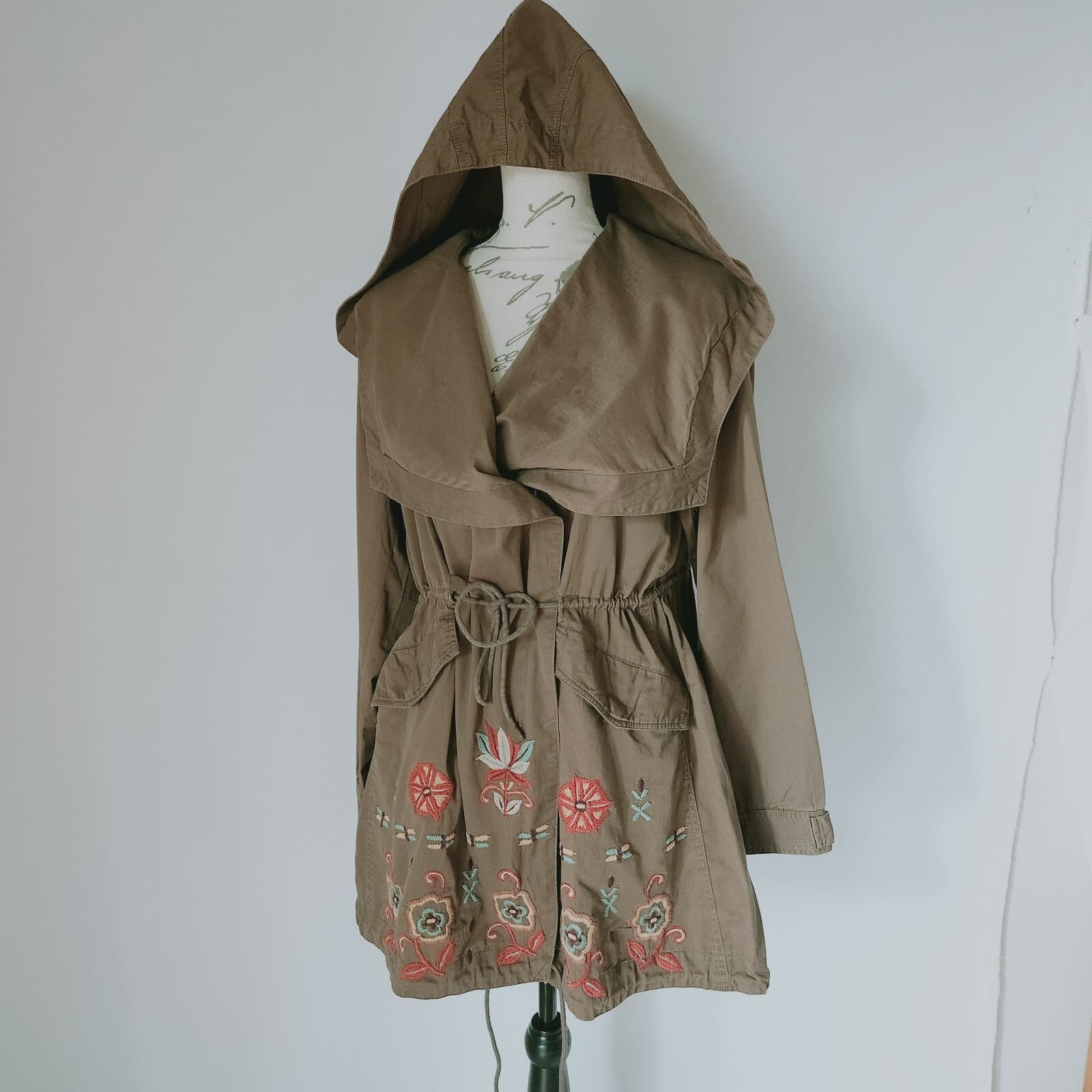 Kyla Seo Embroidered Hooded Jacket Drawstring Pocket Zip Cotton Green Women Sz.L