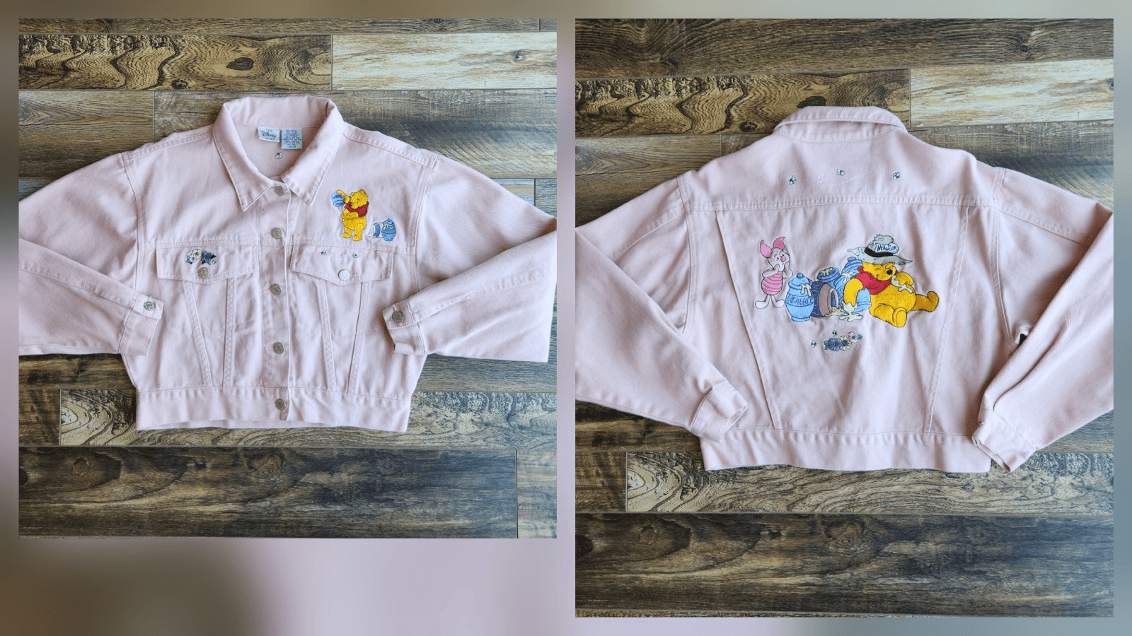 Vintage The Disney Store Winnie The Pooh Embroidered Denim Crop Jacket Pink Sz.L
