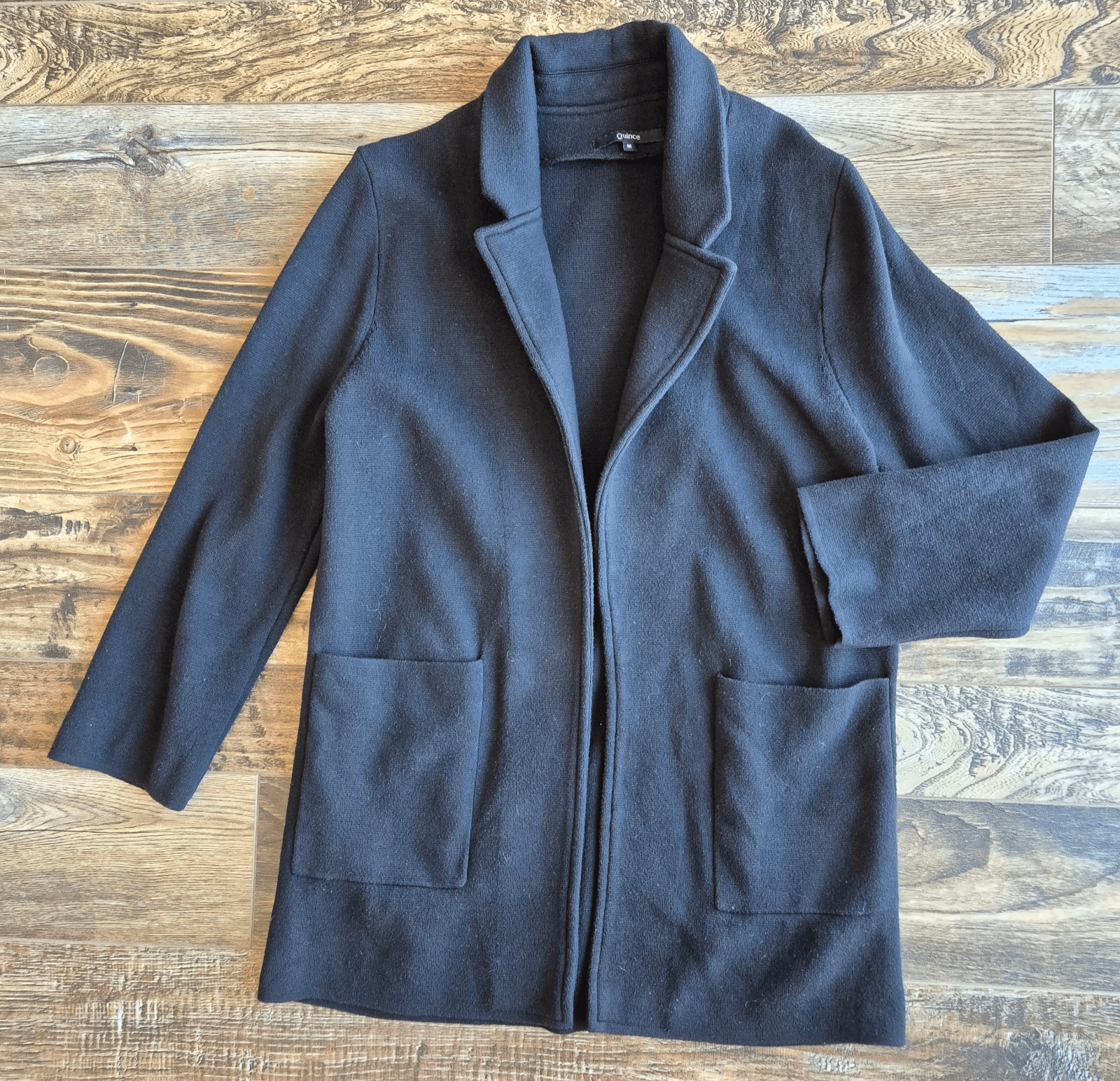 Quince 100% Organic Cotton Knit Blazer Open-Front Pocket Black Women's M