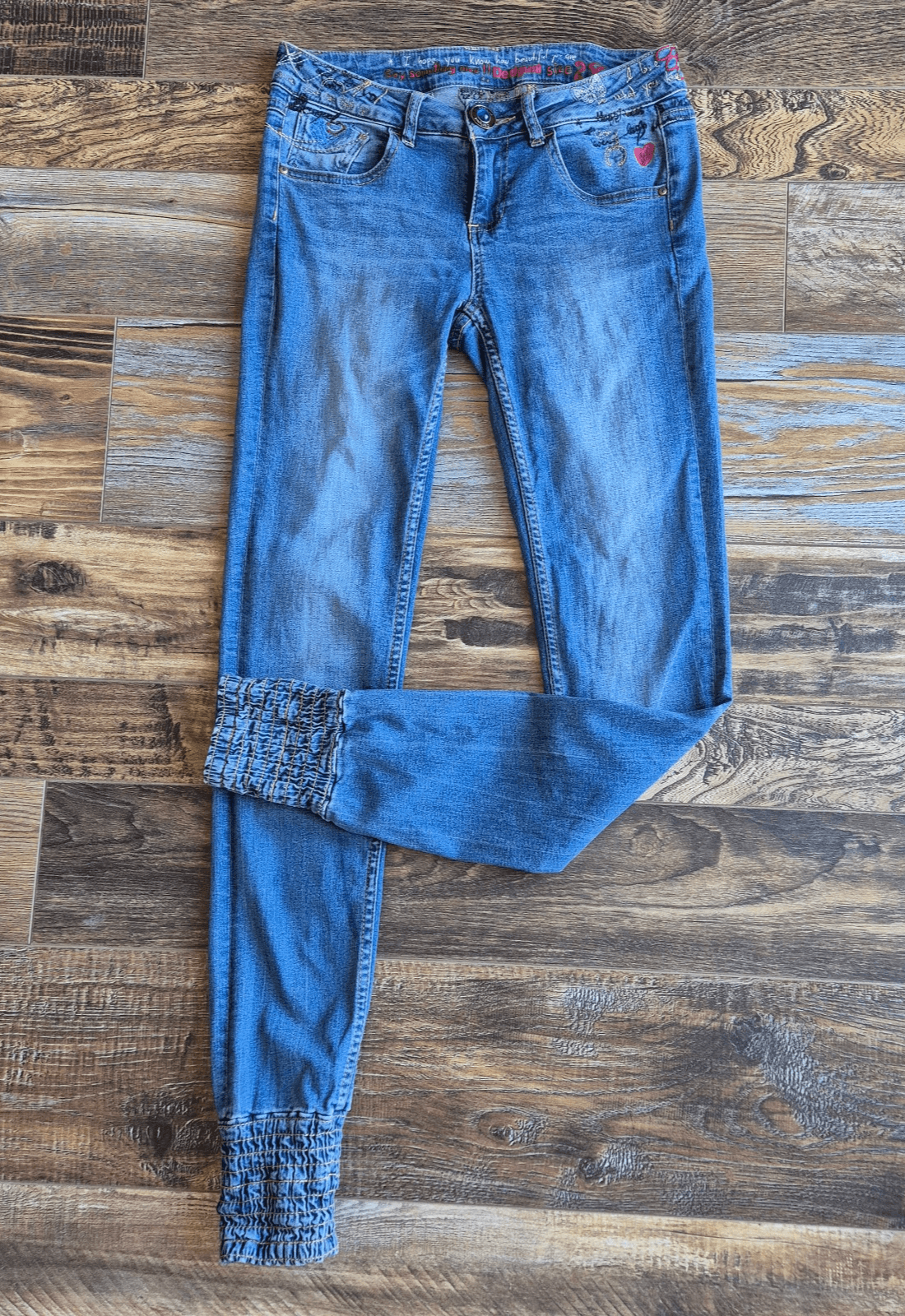 Desigual Embroidered Smocked Ankle Skinny Jeans Low Rise Stretch Blue Women's 28