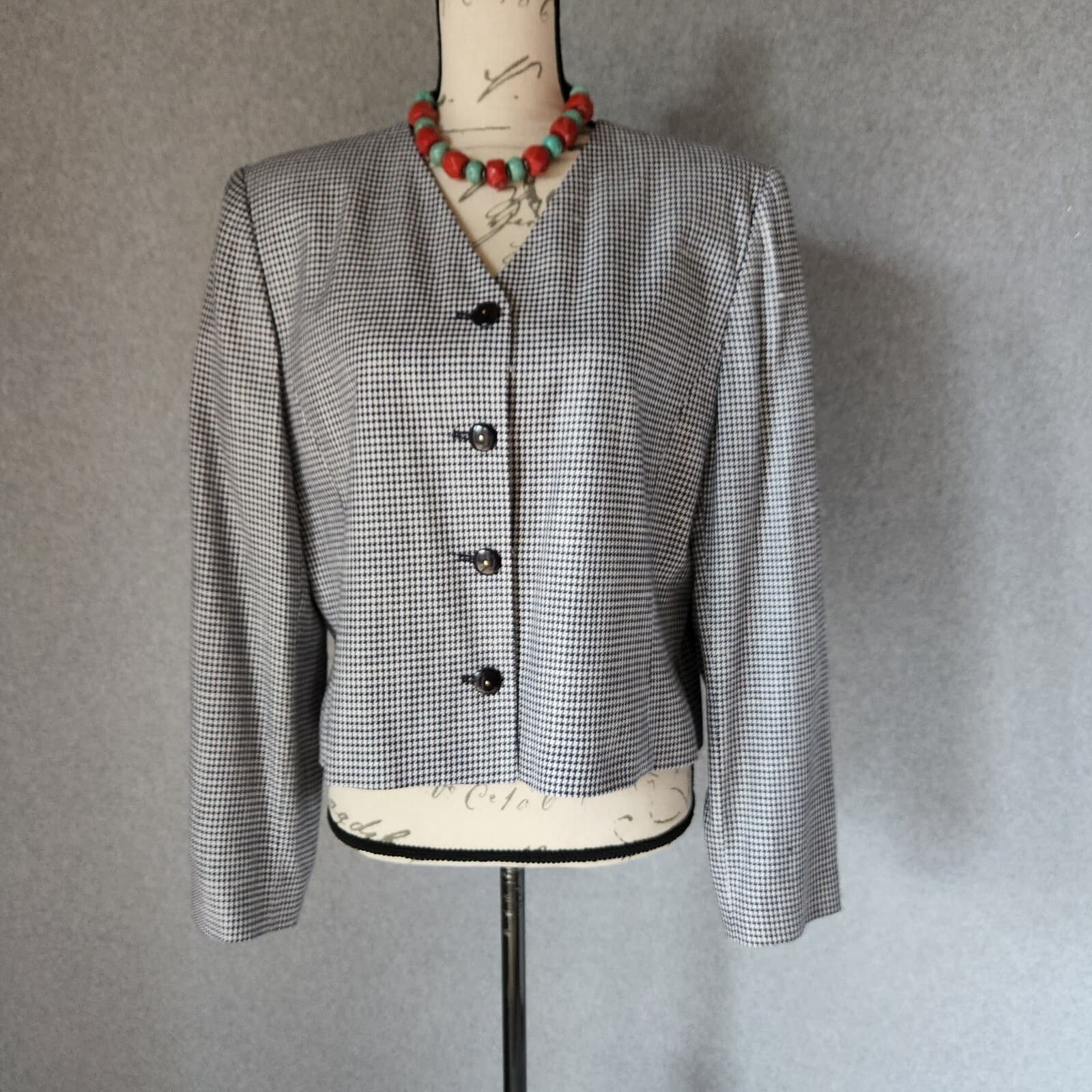 Vintage PENDLETON Houndstooth Blazer Jacket Blue White Women Sz.14 Made in USA