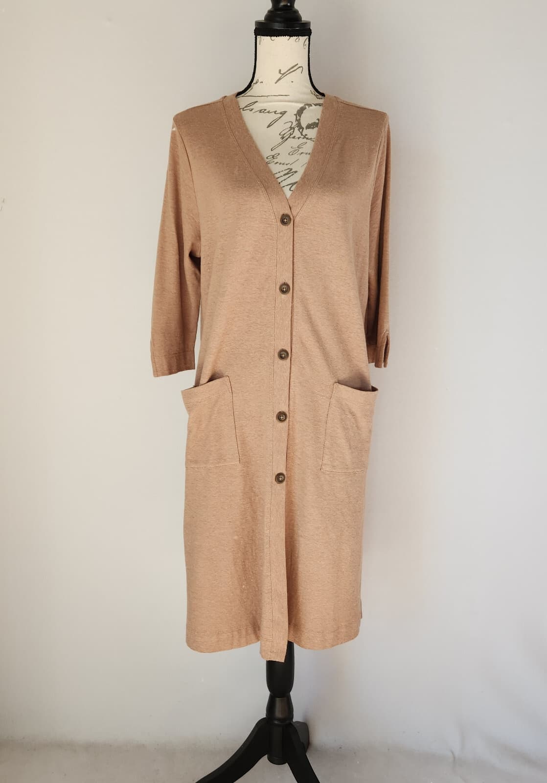 Pure Jill Duster Cardigan 3/4 Sleeve Button Pocket Hemp Organic Cotton Brown PM