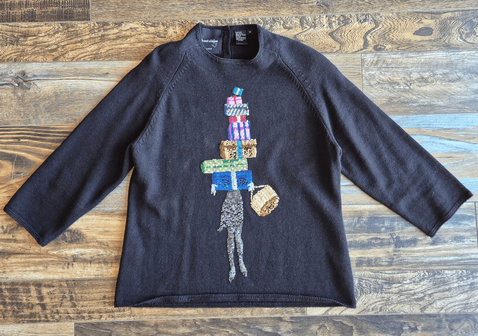 Vintage Michael Simon Sequin Stacked Gift Boxes Sweater Black Ramie Cotton Sz.M
