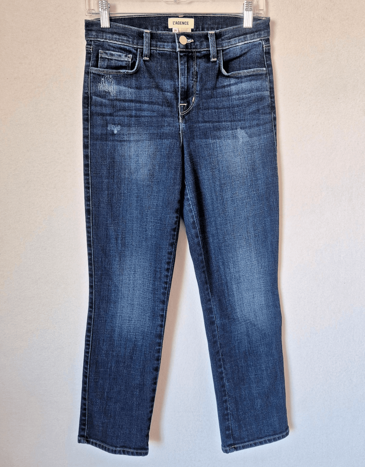 L'AGENCE Alexia High Rise Crop Jeans Distressed Jabot Atwood Wash Blue Womens 26