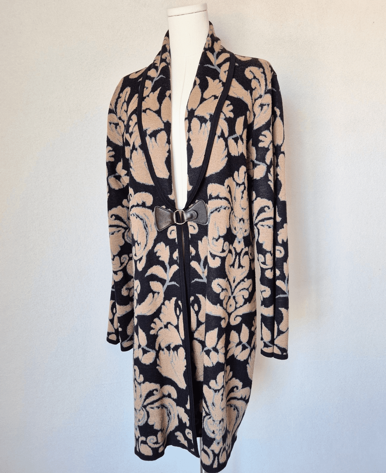 Soft Surroundings D'Orsay Wool Blend Floral Jacquard Buckle Long Cardigan Sz.L
