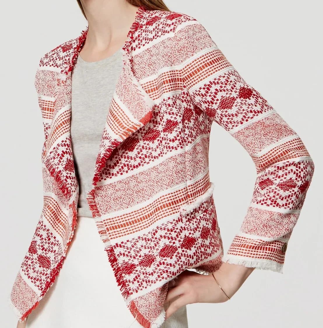 Ann Taylor LOFT Fiesta Woven Open Blazer Draped Collar Fringe Trim Tribe Sz.8