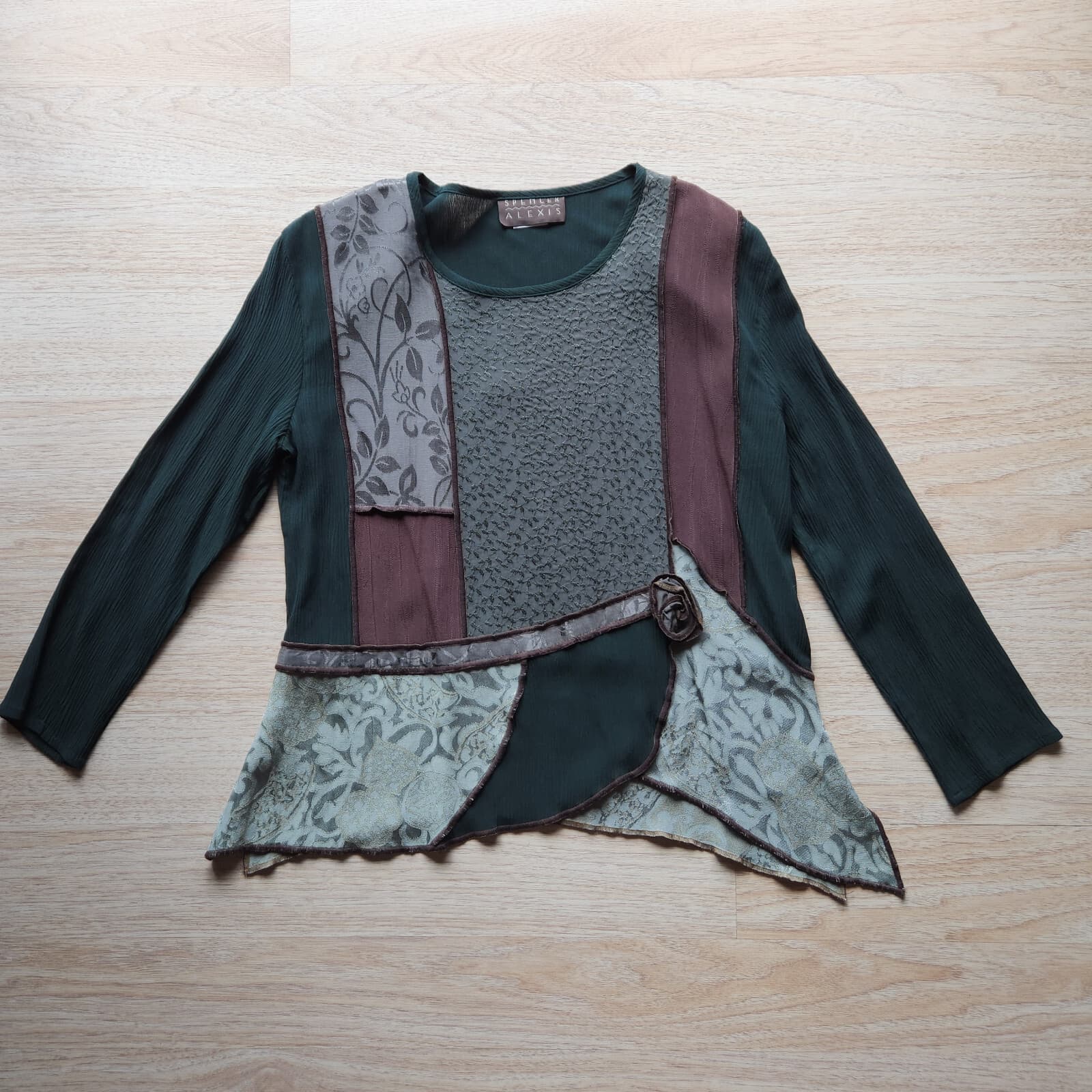 Vintage Spencer Alexis Patchwork Lagenlook Top Long Sleeve Multicolor Sz.8 USA