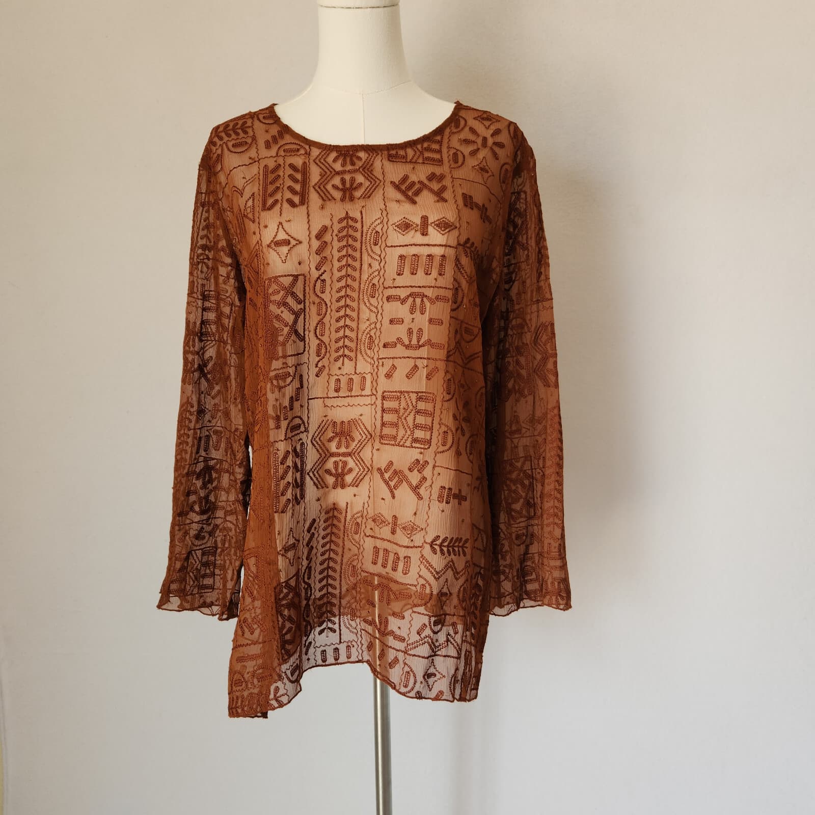 Chico's Silk Embroidered Beaded Blouse Long Sleeve Sheer Chiffon Brown Sz.1/M